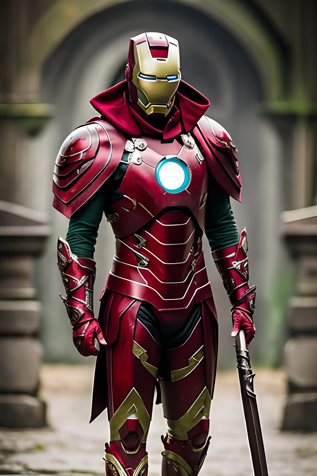 Ironman masquerade outfit, medieval clothing, dark demonic, red hair, full face mask except eyes, detailed-green-eyes, male, man, male outfit --auto --s2