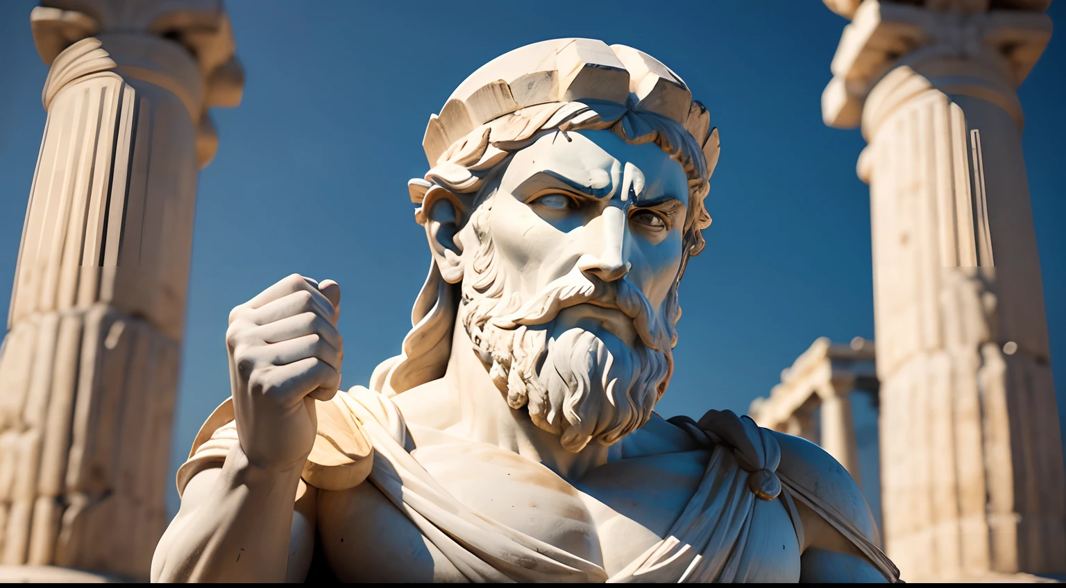 Ancient Greek statue with angry expression, tem barba, Filmado em Sony A7S III com Sony FE 35mm f/1.8, 12.1 MP, --AR 3:2 --estilo cru