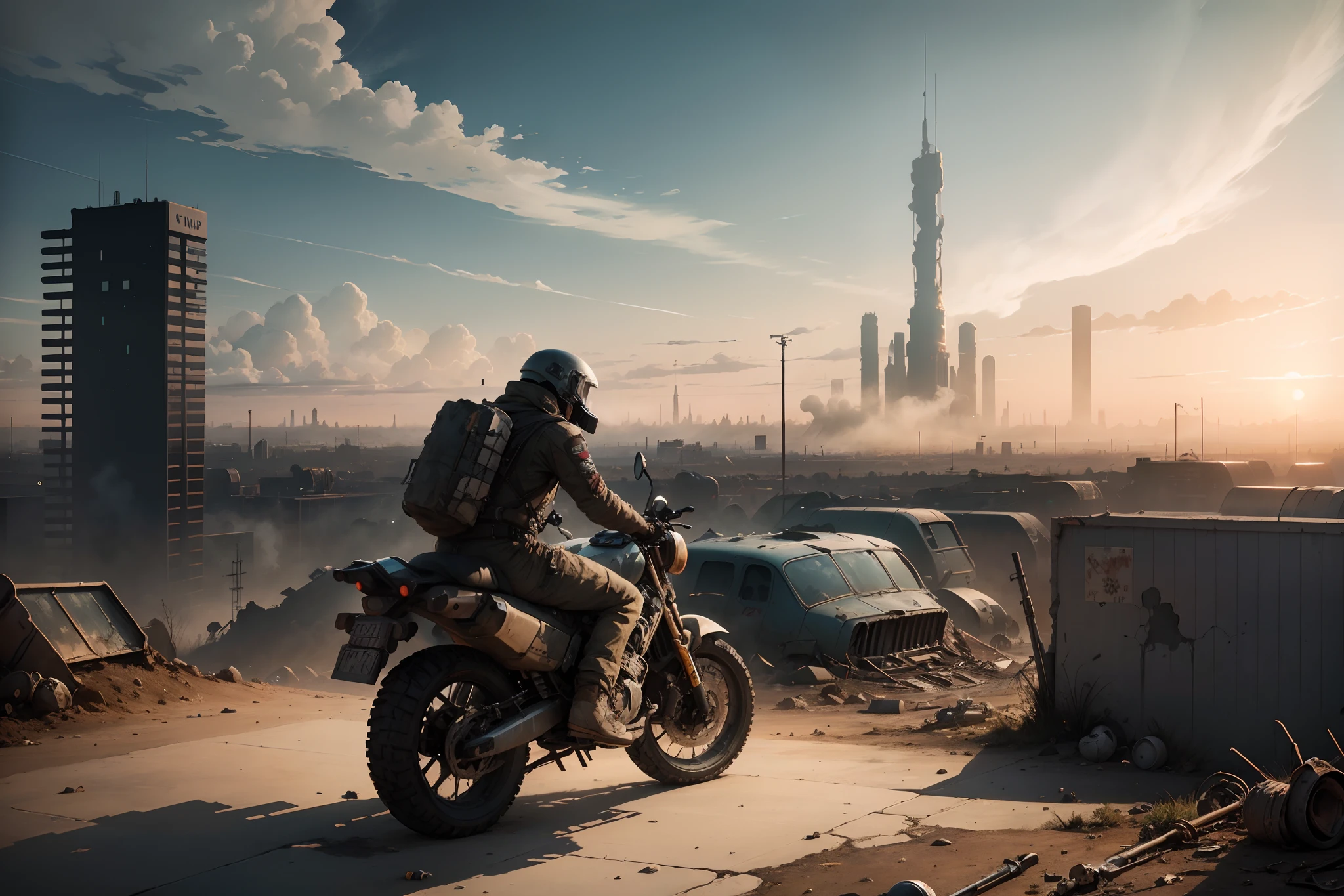 Concept art, apocalyptic wasteland, hand-drawn drawing, thick paint, hand-painted texture, low saturation, science fiction, scenery, sky, city, building, cloud, ground vehicle, motor vehicle, solo, outdoors, 1boy, cityscape, motorcycle, ruins, sitting, sunset