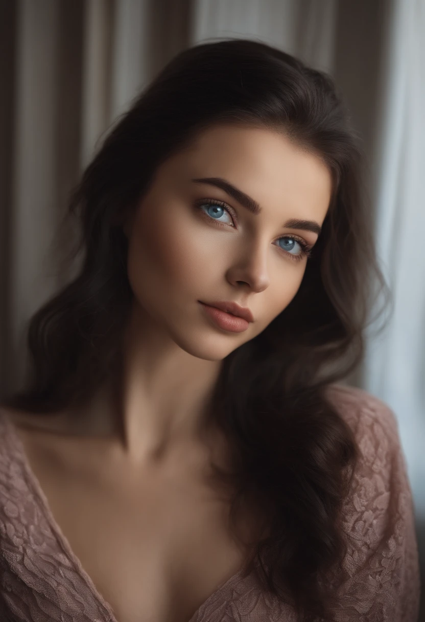 Arafed woman in full , Sexy girl with blue eyes, ultra realistis, Meticulous detail, portrait sophie mudd, black hair and big eyes, selfie of a young woman, bedroom eyes, violet myers, no makeup, natural makeup, looking straight at camera, face with artgram, fine makeup, Stunning full-length shot, kneeling on the bed, in bedroom, Bust of large size