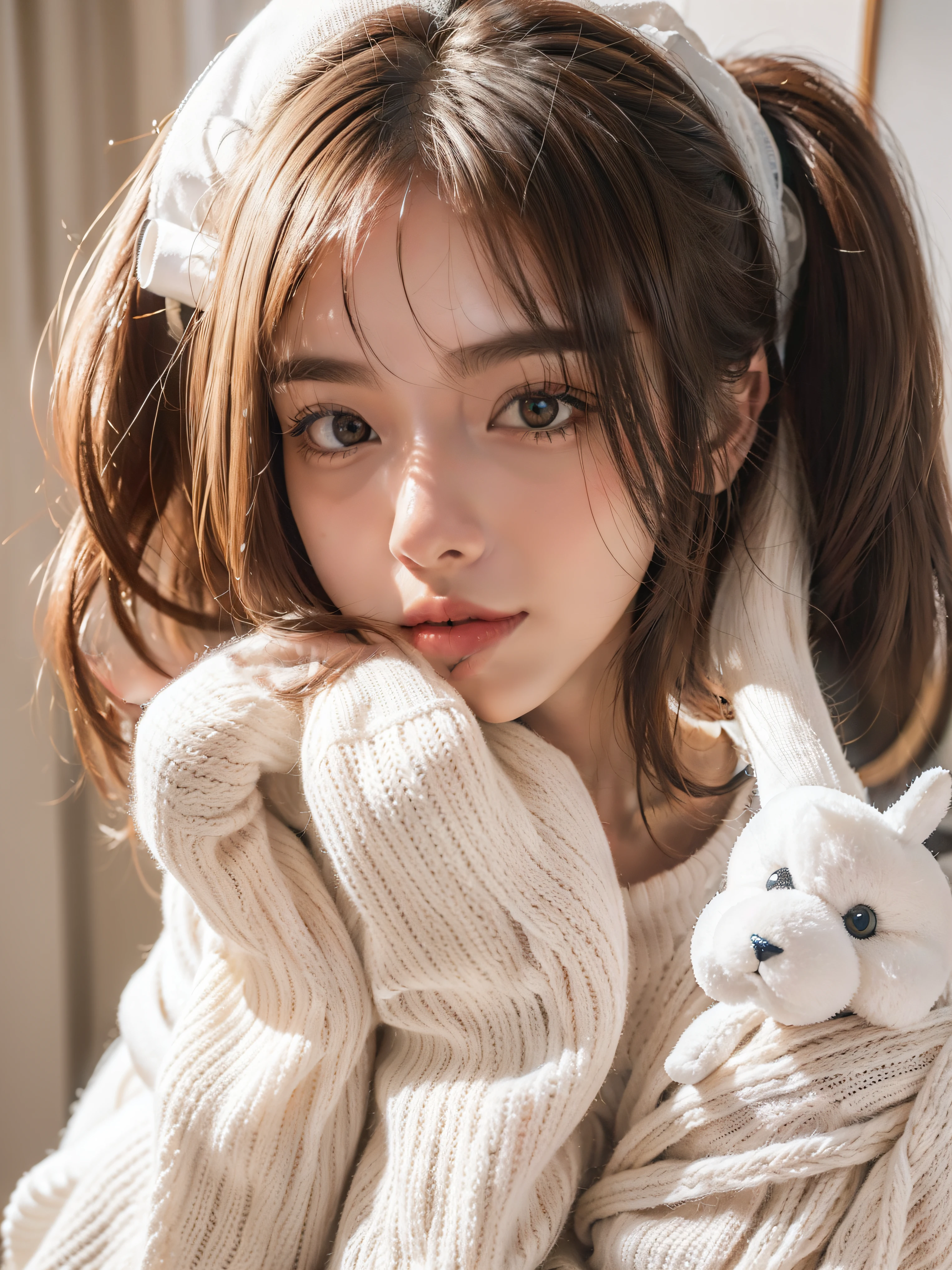 (top-quality、8K、masuter piece:1.3))、1 female、Slender beautiful girl:1.3、Oversized plain clothes:1.2、in a house、hyperdetailed face、A detailed eye、Double eyelids、Two-tail、Light brown hair、Lower your arms