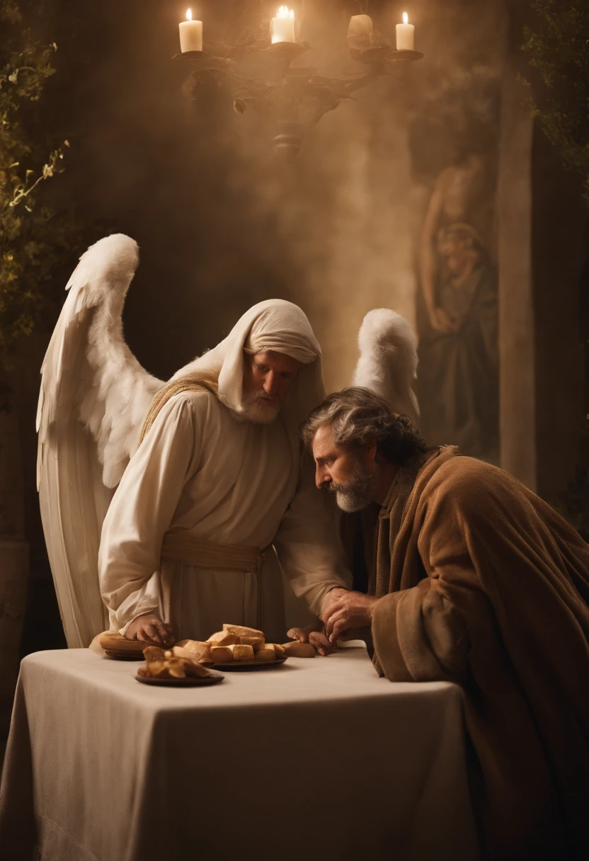 Create an image that illustrates the direct interactions between angels and prominent figures in the Old Testament, such as Abraham and Jacob. In the Book of Genesis, we encounter episodes where angels intervened in the lives of these patriarchs. An iconic example is the episode of Abraham extending hospitality to three angels, who later reveal to him the news of the birth of his son Isaac. Additionally, Jacob's wrestling with an angel in the Book of Genesis symbolizes his spiritual journey and personal transformation. The image should capture the essence of these encounters, highlighting the significant role of angels in the lives of biblical figures