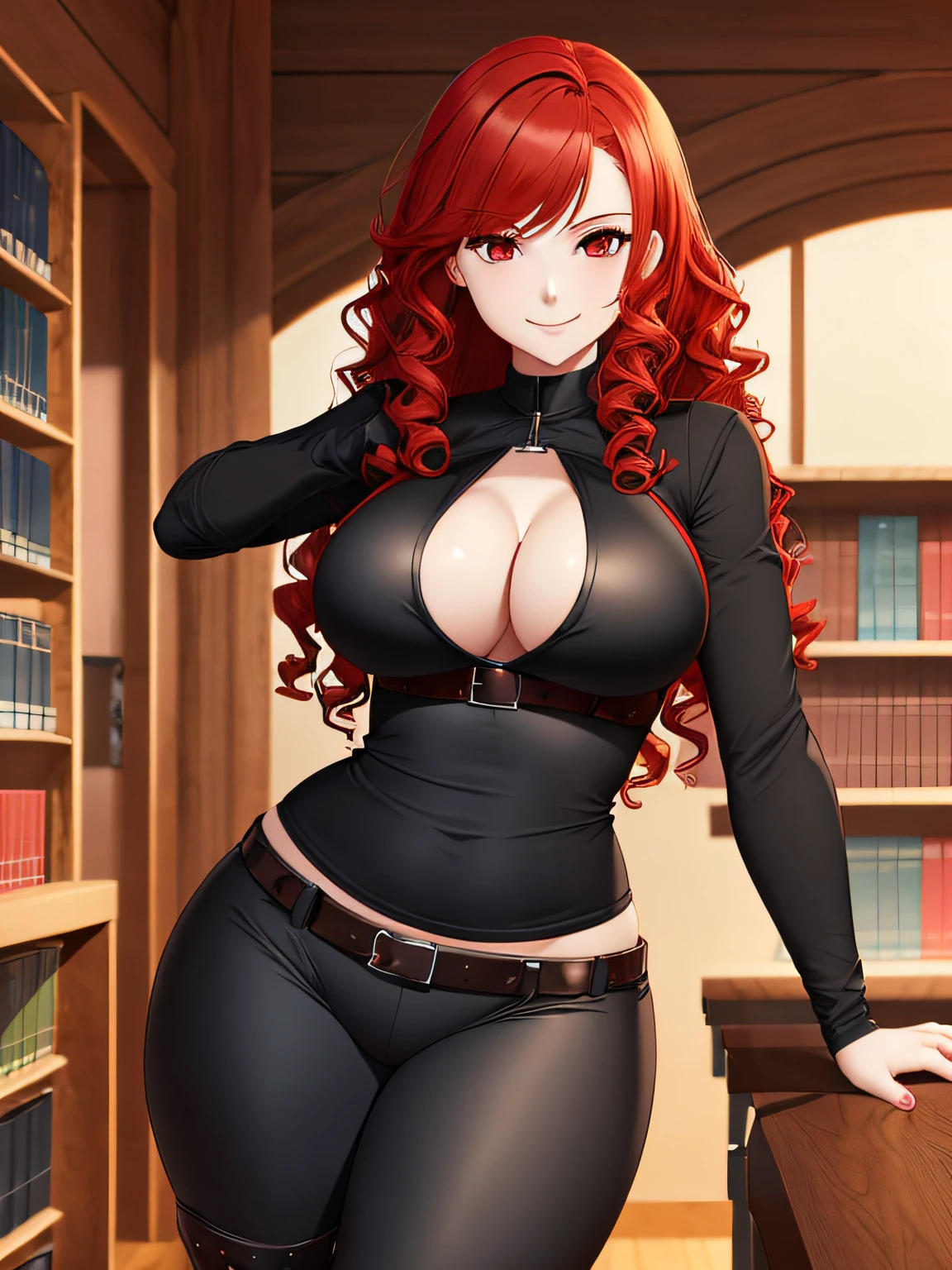 1girl, red hair, red eyes, pale skin, black leggings, boots, smile, curly hair, white shirt, wide hips, medium breasts, cleavage, hands on hips, library
