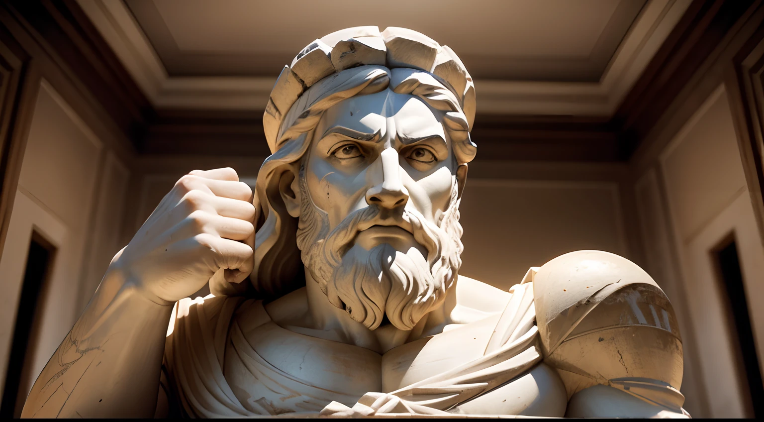 Ancient Greek statue with angry expression, tem barba, Filmado em Sony A7S III com Sony FE 35mm f/1.8, 12.1 MP, --AR 3:2 --estilo cru