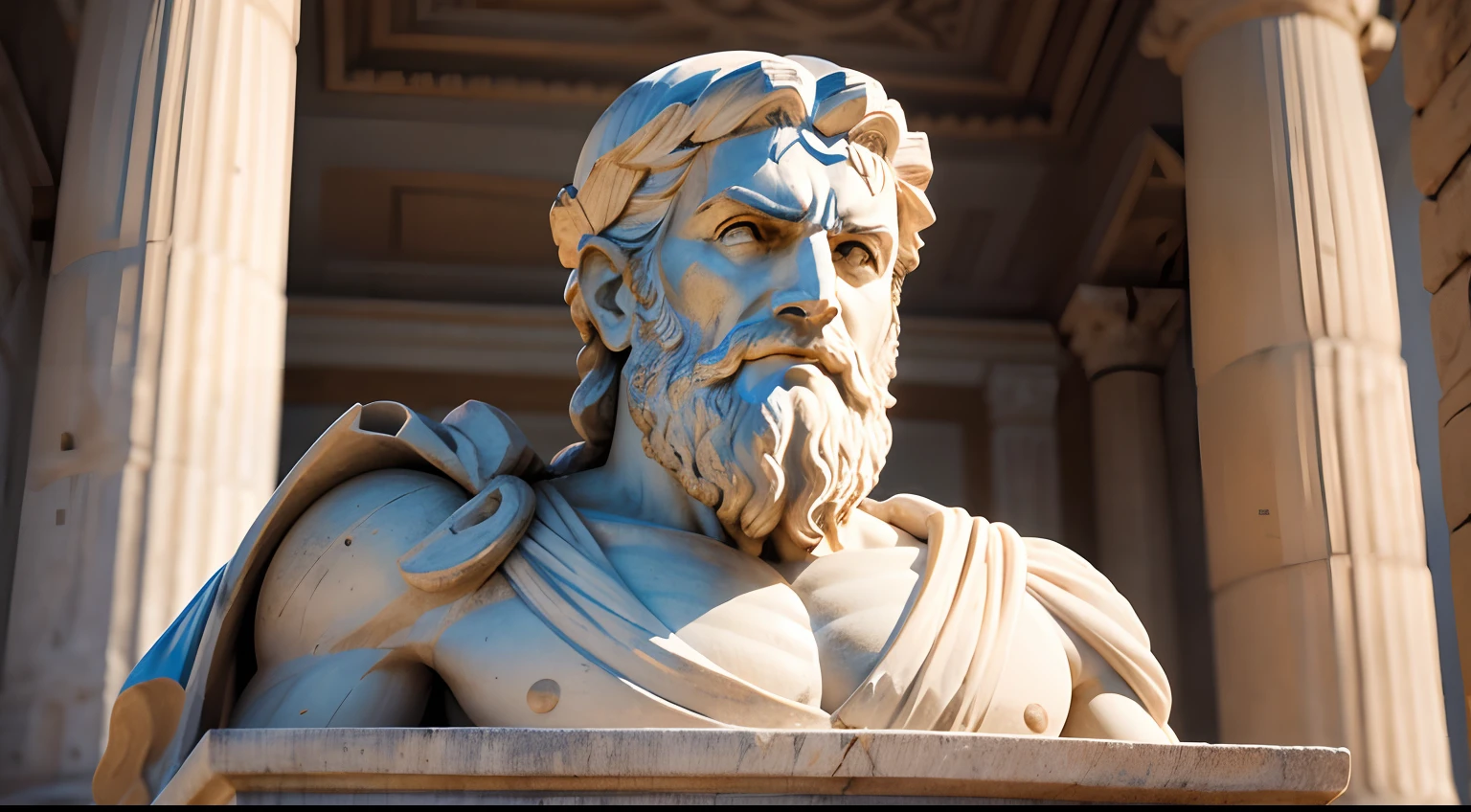 Ancient Greek statue with angry expression, tem barba, Filmado em Sony A7S III com Sony FE 35mm f/1.8, 12.1 MP, --AR 3:2 --estilo cru