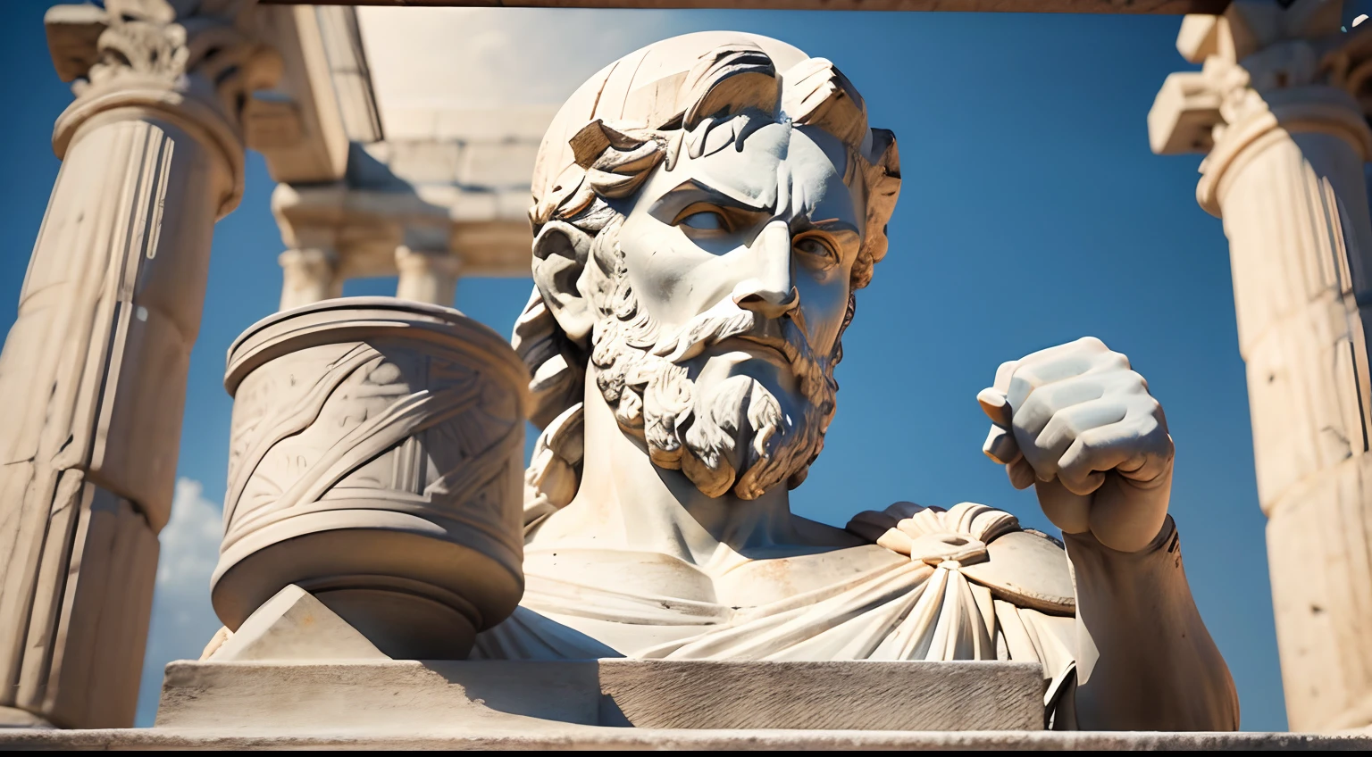Ancient Greek statue with angry expression, tem barba, Filmado em Sony A7S III com Sony FE 35mm f/1.8, 12.1 MP, --AR 3:2 --estilo cru