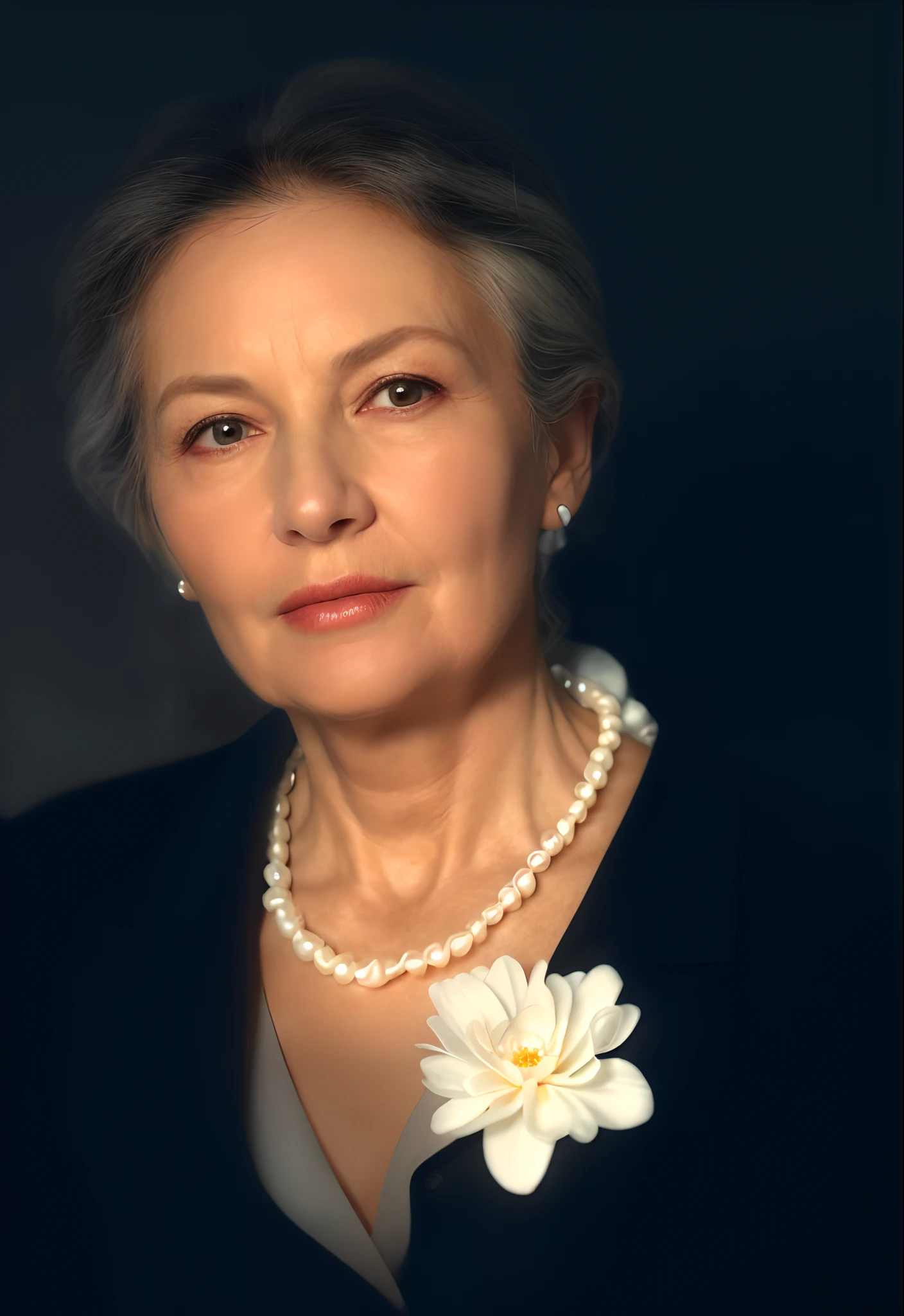 a woman 60 years old, pearl necklace, black suit dress, white flower in the breast pocket, black and white cashmere design shirt, (photorealistic: 2)
