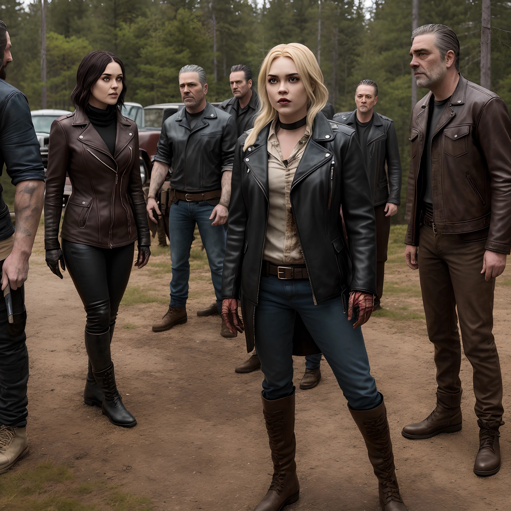 Blonde women standing next to negan from the walking dead