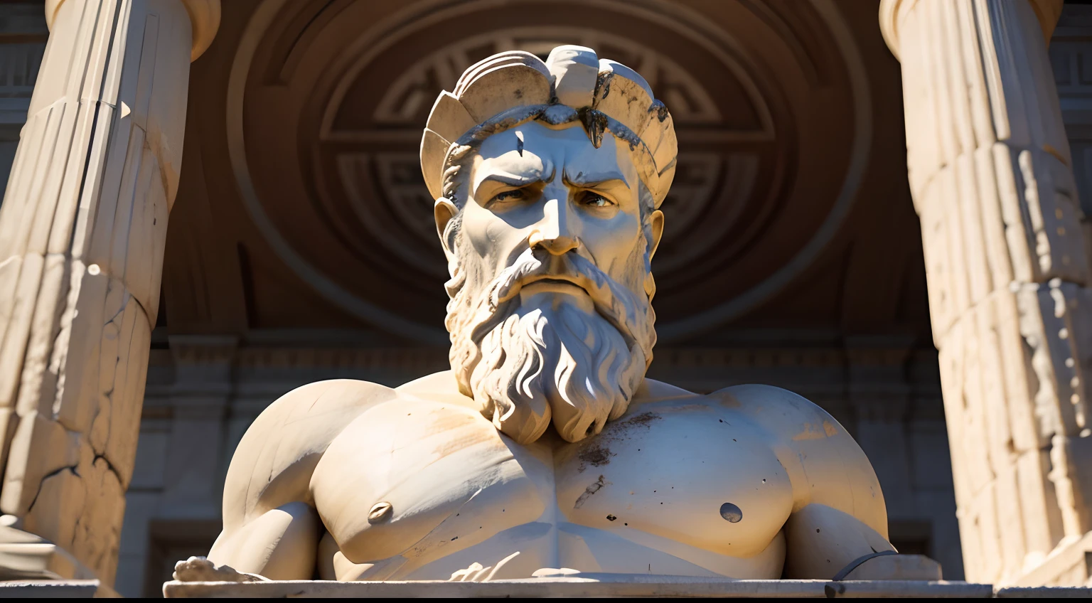 Ancient Greek statue with angry expression, tem barba, Filmado em Sony A7S III com Sony FE 35mm f/1.8, 12.1 MP, --AR 3:2 --estilo cru