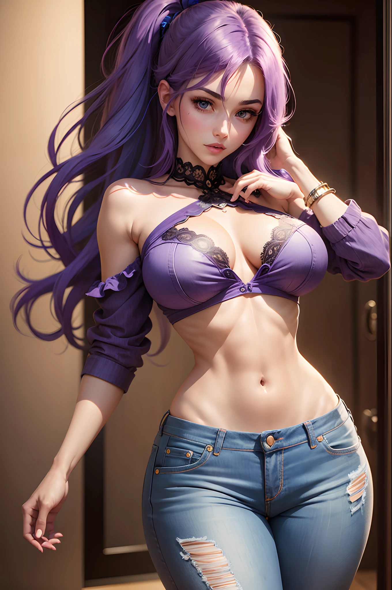 girl with purple hair,wears jeans, big chest,highly detailed and beautiful, Highly detailed, Cute beautiful woman with perfect body,Highly detailed and focused on face and chest,High Definition Breast