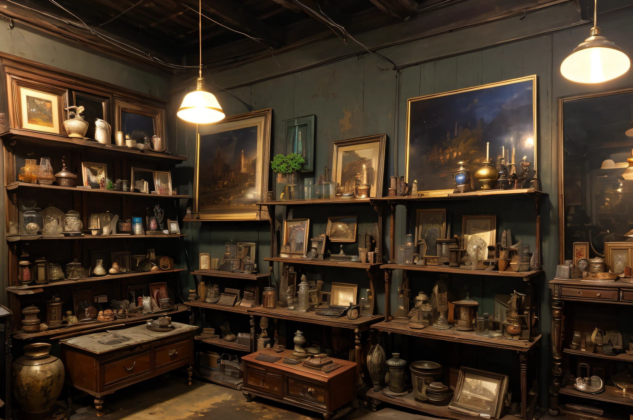Junk shop, Antique junk, An abundance of expensive rare things, shelves with small glass things, Mysterious light, Paintings on the walls, 8K photorealism