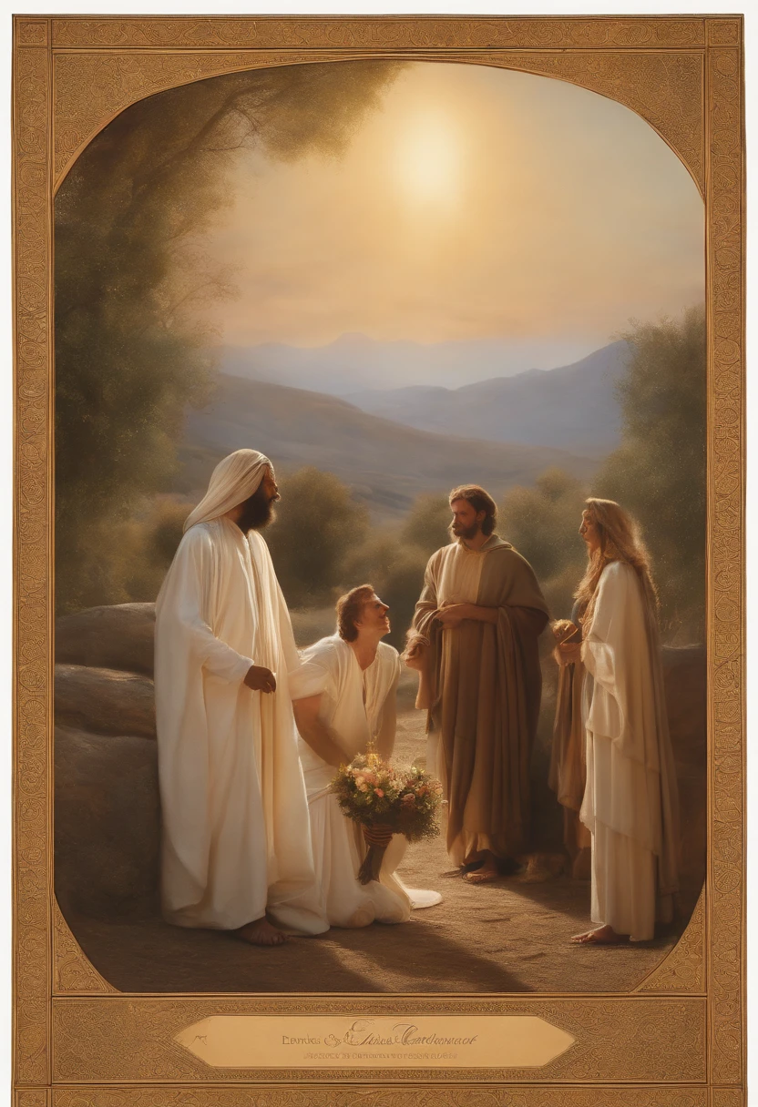 Create an image The image portrays a serene setting, reminiscent of the landscapes described in the Book of Genesis. In the foreground, a humble tent stands, representing the dwelling of Abraham. Through the open entrance, Abraham is shown extending warm hospitality, while three angelic figures stand before him. The angels are depicted with ethereal wings, radiating an otherworldly glow, signifying their divine nature