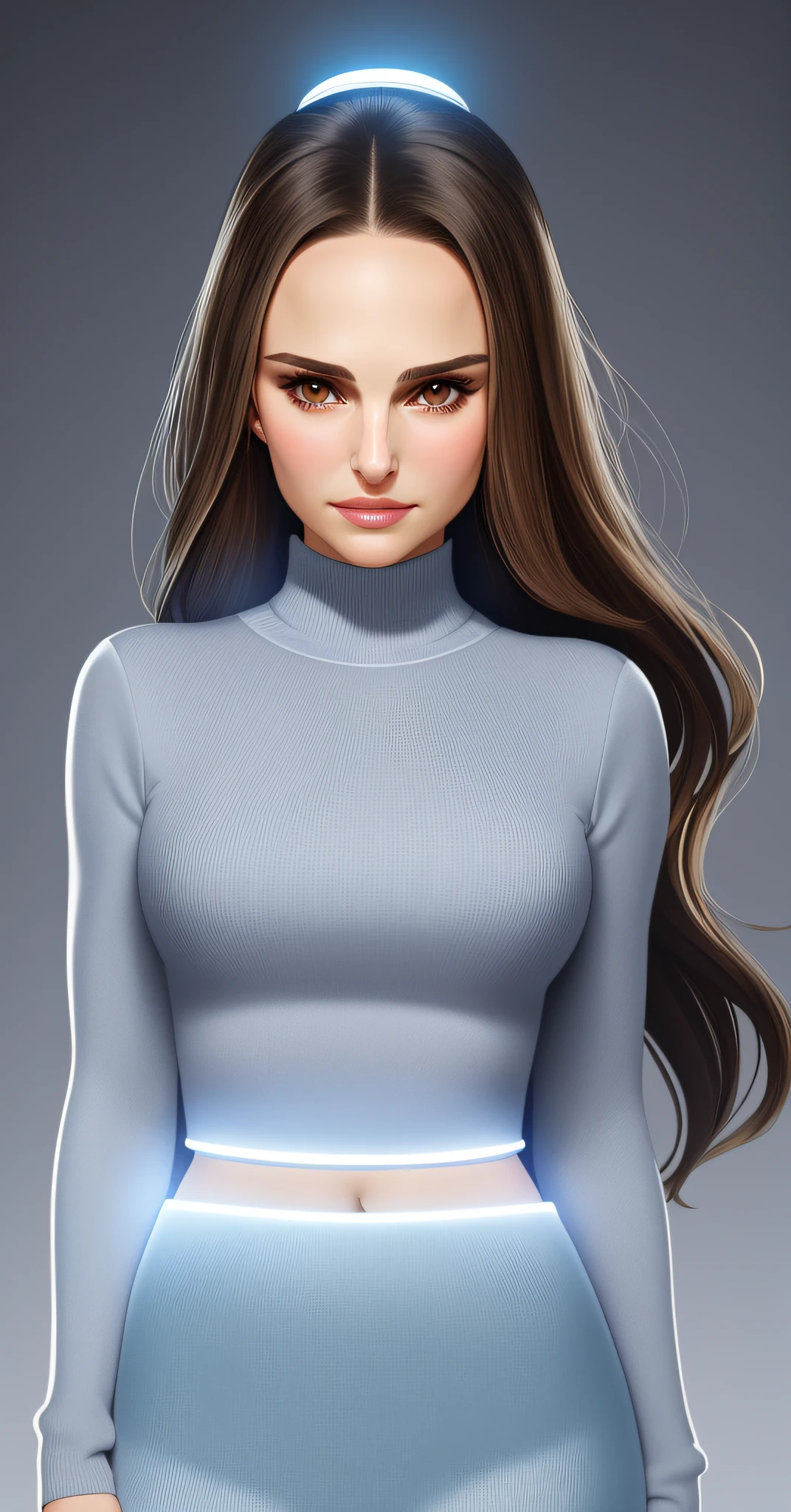 close up flat vector art,portrait of woman,natalie portman,looking at camera,front stance,front profile,beautiful anime style woman,natalie portman, flat color, wide angle, clean detailed faces, intracate clothing, analogous colors, glowing shadows, beautiful gradient, depth of field, clean image, high quality, high detail, high definition, Luminous Studio graphics engine, cute face, slim waist, nice hips,