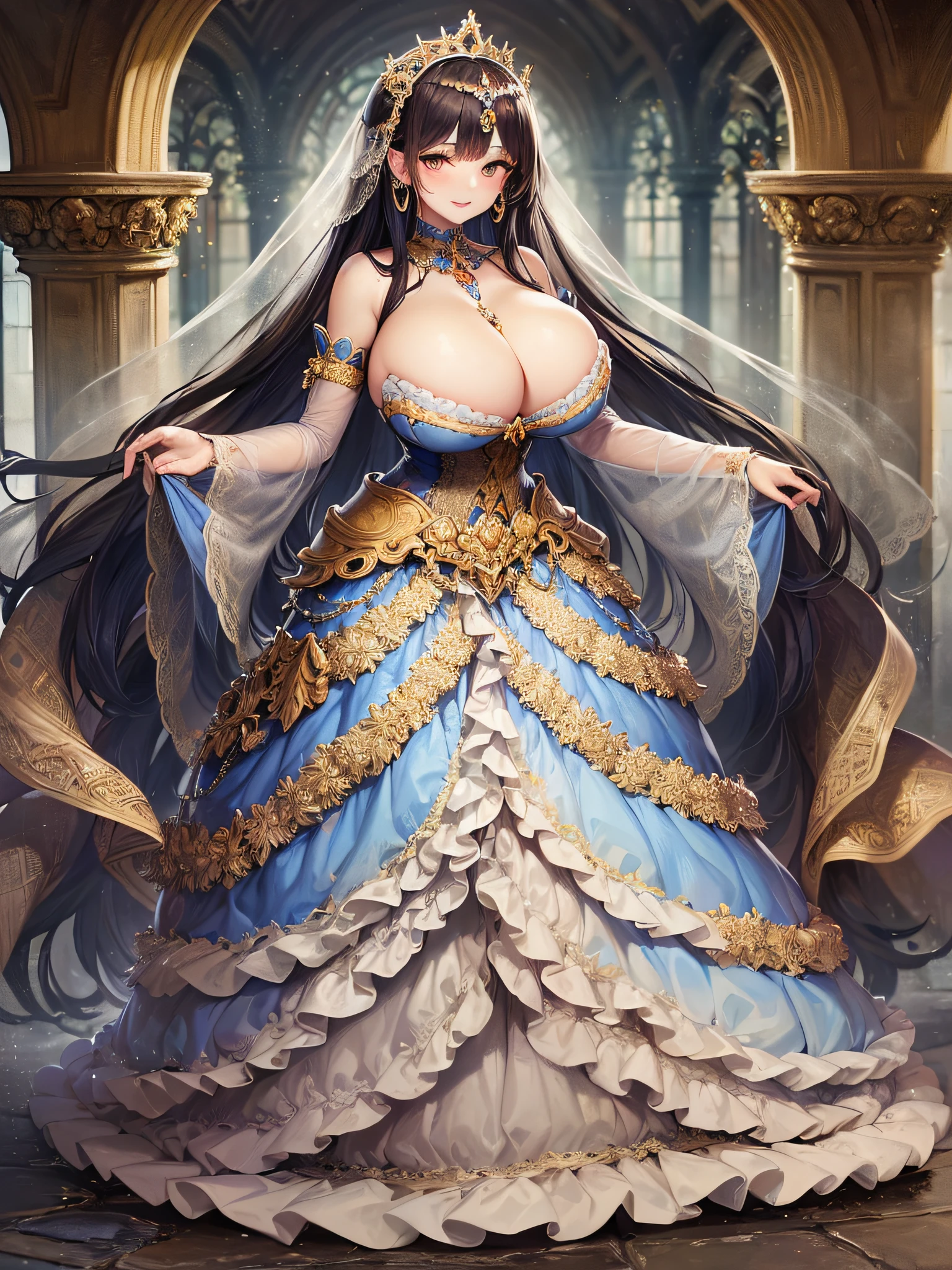 ((anime artstyle)),(Masterpiece),(Best Quality), (Super Detail),(Highly Detailed CG Unity 8k wallpaper),((Very Delicate and Beautiful)),cinematic lighting,1 girl,((full body portrait)),((standing in garden)),((solo)),(((1 fairytale princess in gorgeous embroidery and jeweled extremely gorgeous rococo princess ballgown with voluminous full length hoop skirt))),an hourglass waist,padded and corseted bodice,(((huge crinoline hoopskirt))),long train,((gorgeous embroidery and jeweled)),voluminous frills,See-through,(((extremely gigantic tits,skindentation))),cleavage,((absurdly Long Straight Hair,extremely voluminous Straight long Hair,absurdly Long Straight Hair)),(finely detailed face and eyes),(Blush,Smile),clear pupil,extremely gorgeousfull hair ornament,(bling-bling jeweled extremely gorgeousfull tiara),((bling-bling gorgeous gemstone jewelry)),gorgeous long veil,((ultra long gloves)),(beautiful background),(full body),((gorgeous embroidery and jeweled extremely gorgeous rococo princess ballgown with voluminous full length hoop skirt))