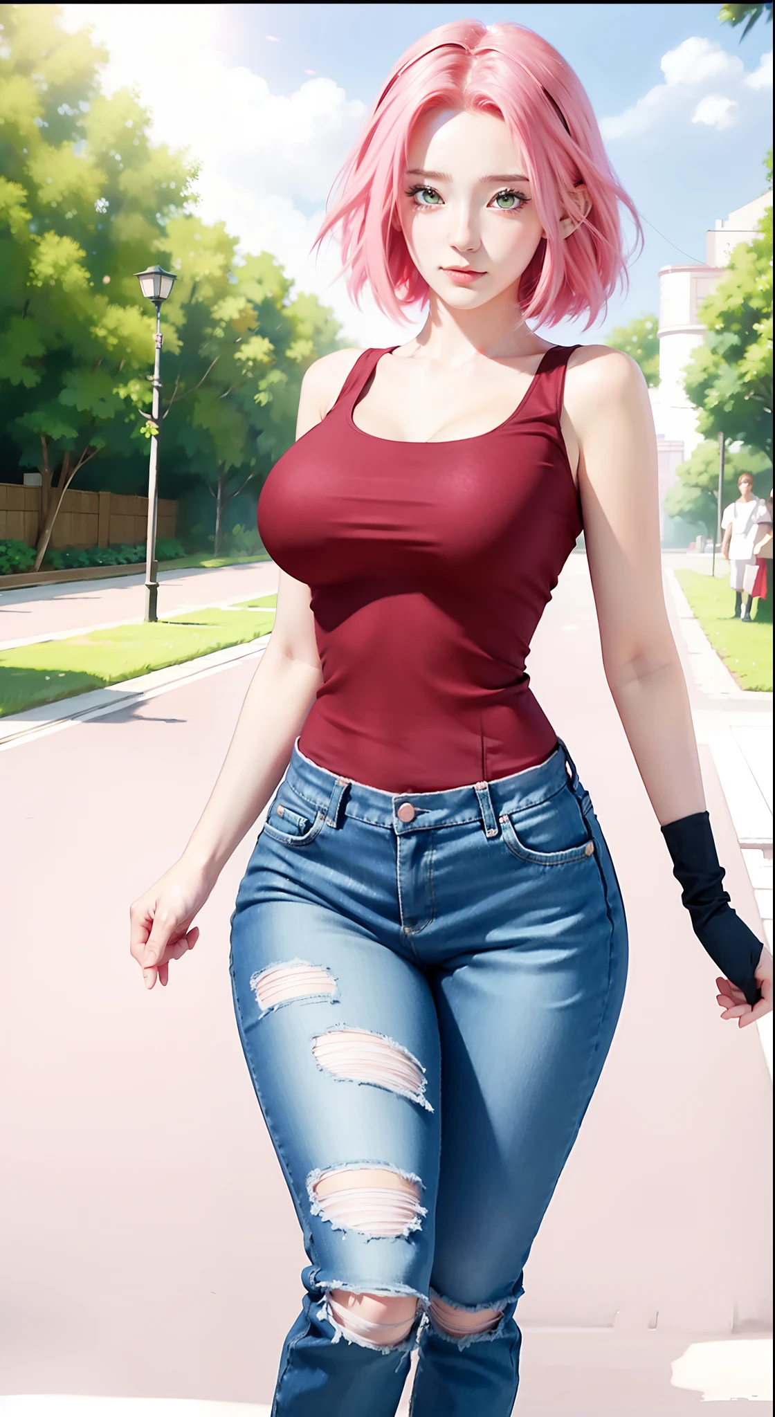 1girl, haruno sakura in anime naruto, short hair, pink hair, green eyes, beautiful, red clothes, very big breast, realistic clothes, detail clothes, outdoor background, ultra detail, realistic