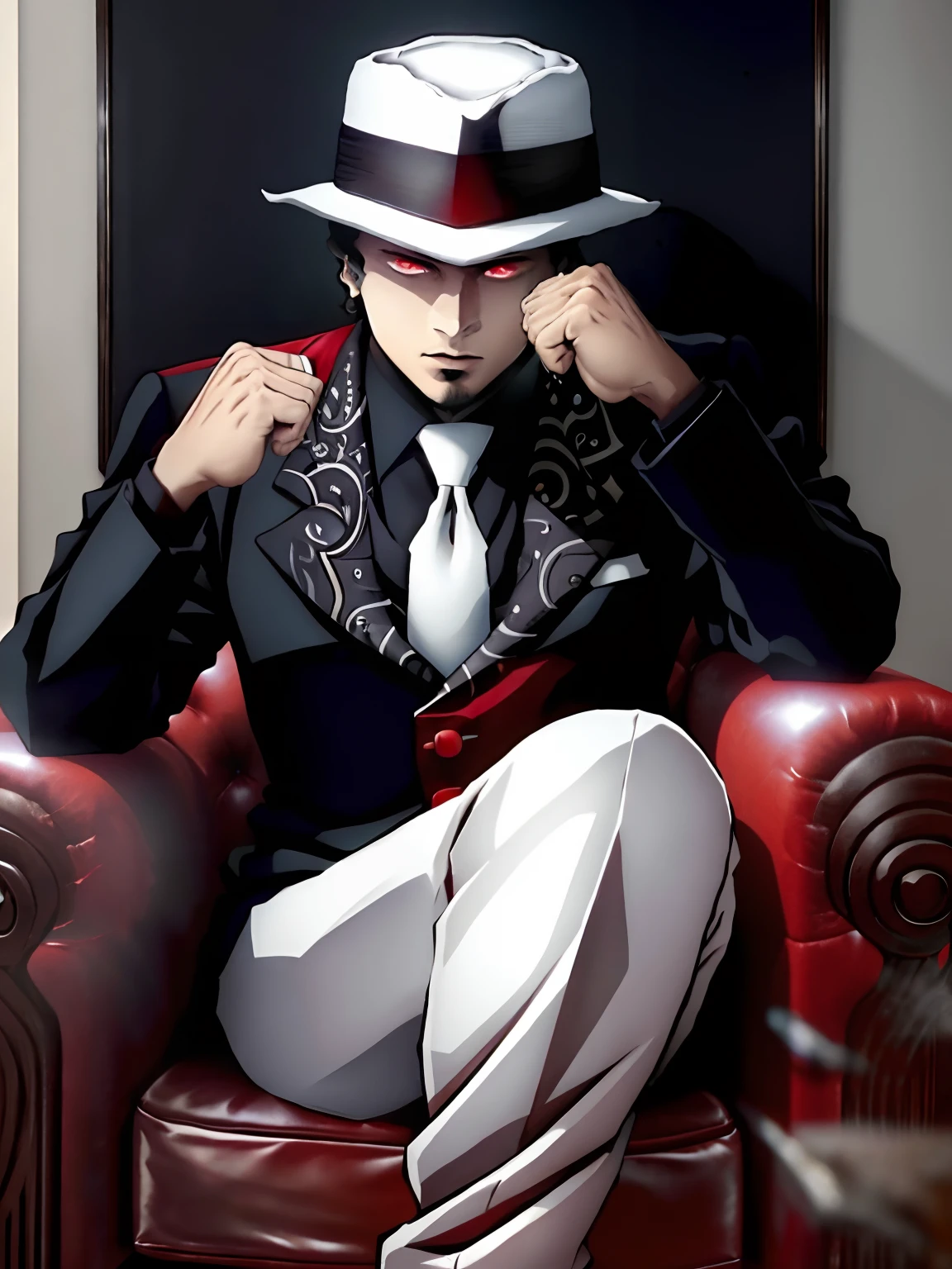 MuzanMale, 1boy, red eyes, male focus, formal, black suit, white necktie, white fedora(masterpiece:1.2, best quality), MuzanMale, 1boy, male focus, solo, sitting, hat, red eyes, formal, suit, black hair, chair, looking at viewer, white fedora, cinematic lighting, demonic, red particles, detailed background, complex structures, destroyed houses, hyperdetailed sharp face, dynamic pose