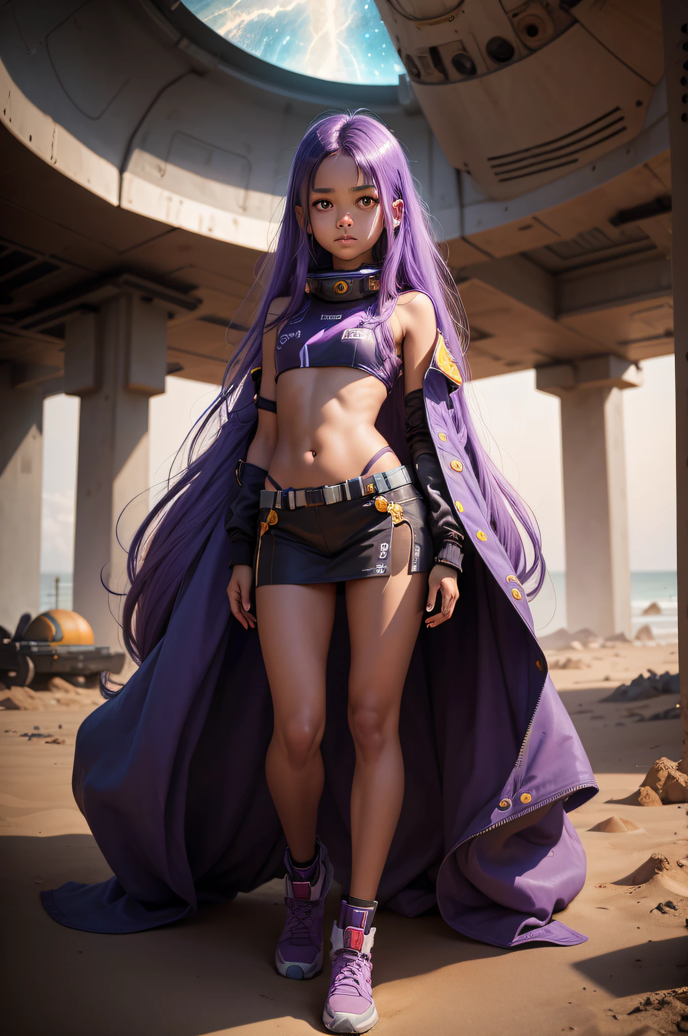 (young girl, 12 years old, purple hair, photorealistic, dusky skin), (yellow (eyes:1.2)), (slim build:1.3), (bikini), beautiful face, symmetrical face, , (long hair), full body, standing on the background of the cosmodrome, artstation, 4k, science fiction, pastel colors, props, panel, concept, futuristic, gribble, simon stalenhag, space, in outer space, beach, indian girl. dark skin,