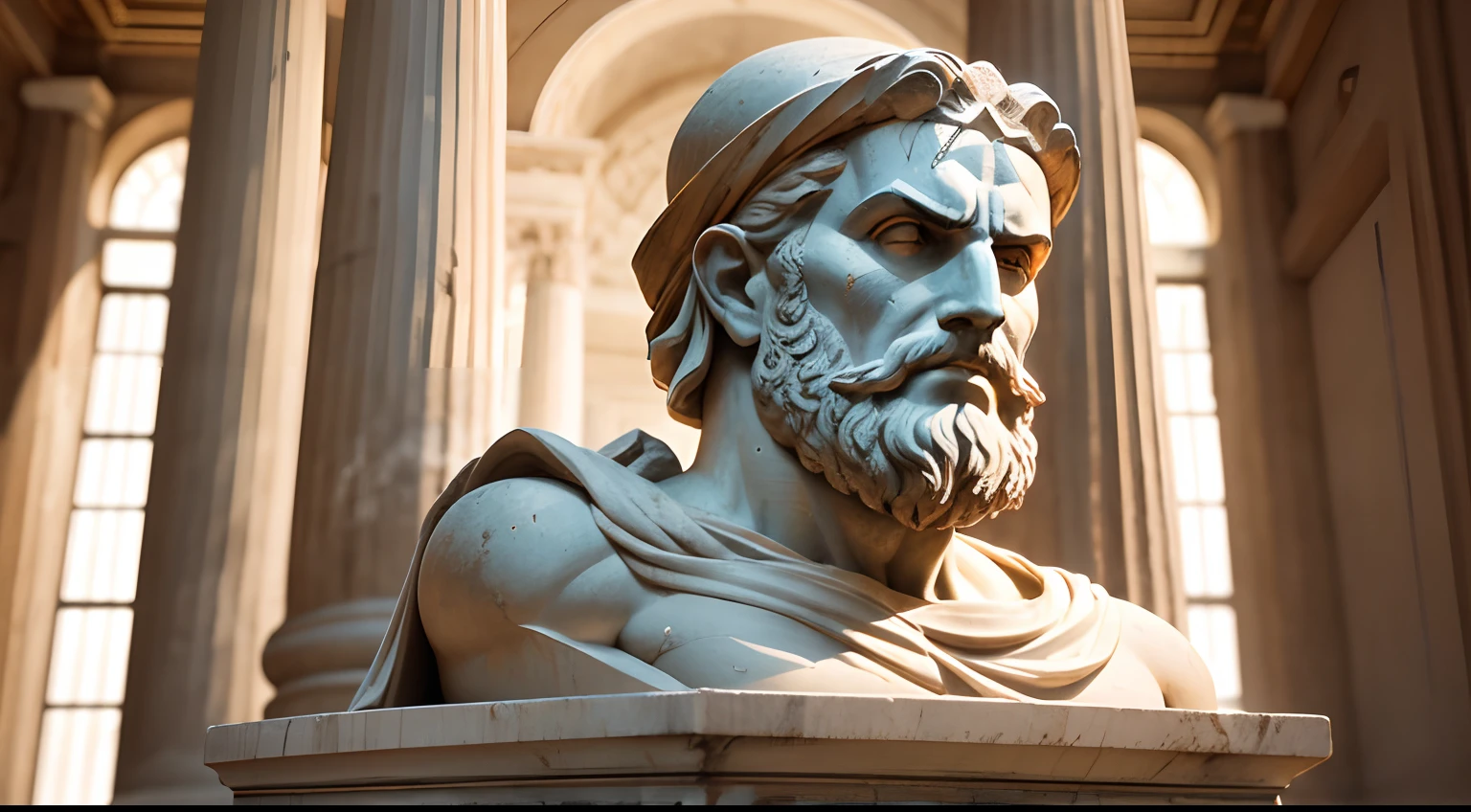 Ancient Greek statue with angry expression, tem barba, Filmado em Sony A7S III com Sony FE 35mm f/1.8, 12.1 MP, --AR 3:2 --estilo cru