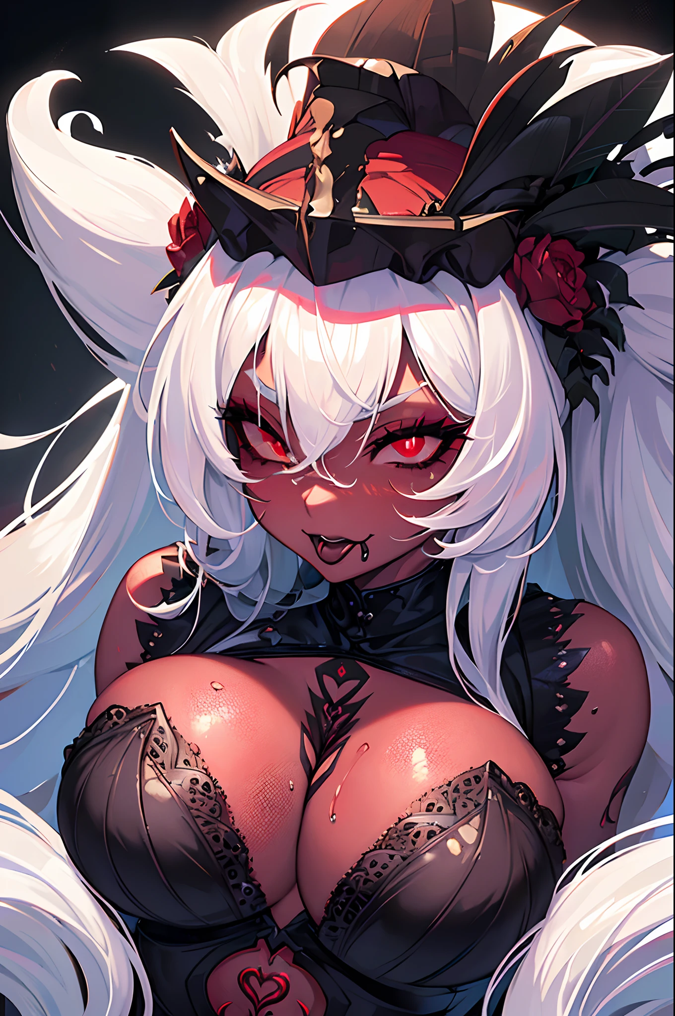 (High-quality masterpiece:1.1), (hyper realistic ultra sharp detailed masterpiece photo), (beautiful lips), (beautiful pussy), (1 petite and extreamly seductive female:1.)), curvy body, 4k resolution, highly detailed textures, (messy goth makeup), (black lipstick), black bikini, fishnets, (tattoos all over the body:1.1), ahegao, (highly detailed seductive face and red eyes:1.4), sweat drop, huge tits, puffy nipples, (shiny skin:1.2) and hair, (white hair:1.1), smooth legs.