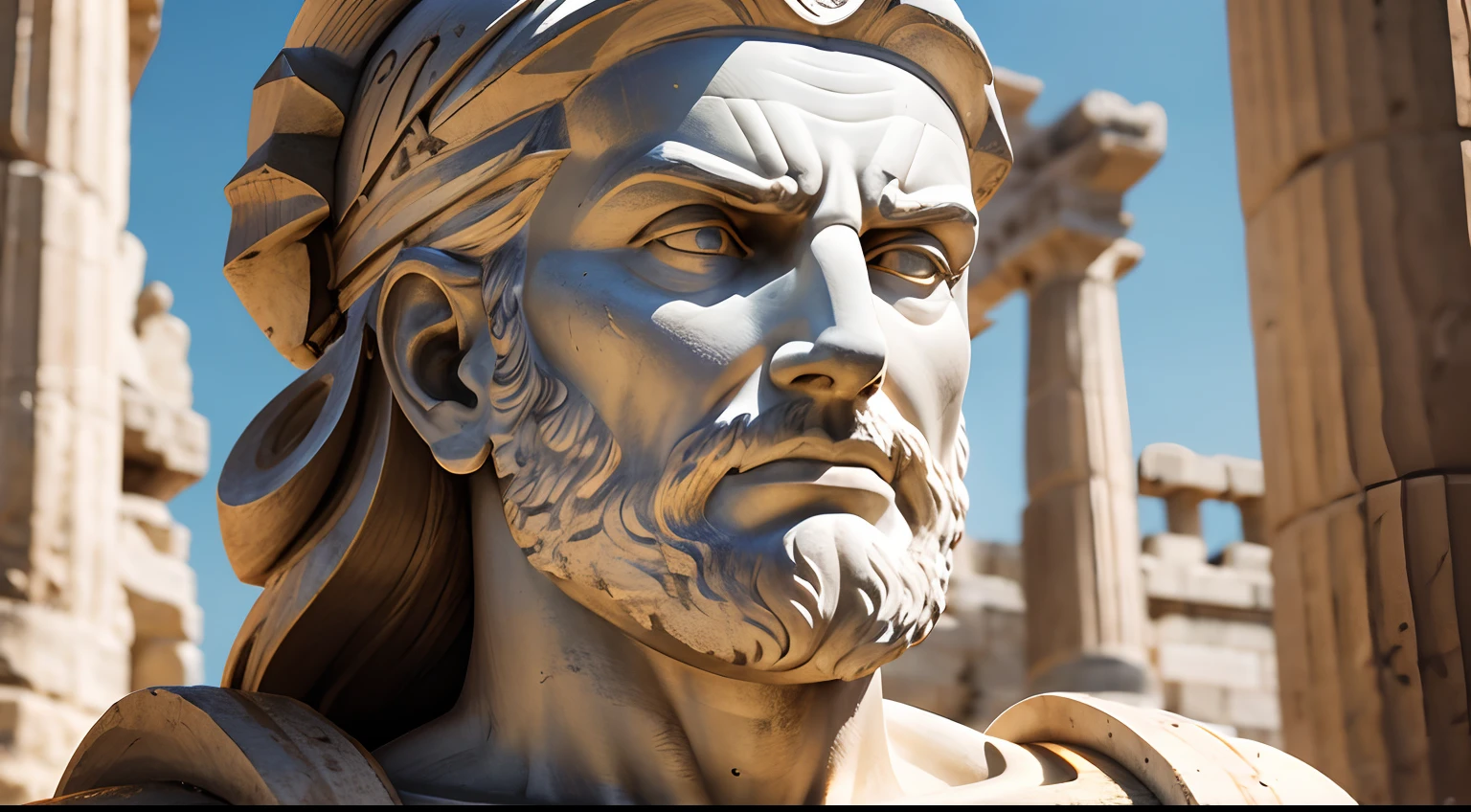 Ancient Greek statue with angry expression, tem barba, Filmado em Sony A7S III com Sony FE 35mm f/1.8, 12.1 MP, --AR 3:2 --estilo cru