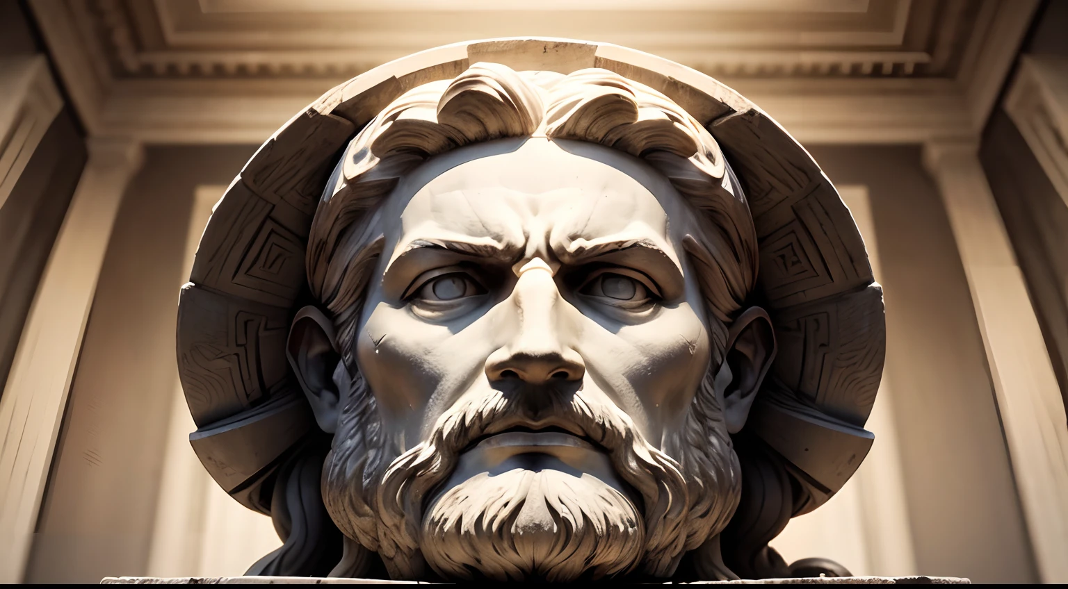Ancient Greek statue with angry expression, tem barba, Filmado em Sony A7S III com Sony FE 35mm f/1.8, 12.1 MP, --AR 3:2 --estilo cru