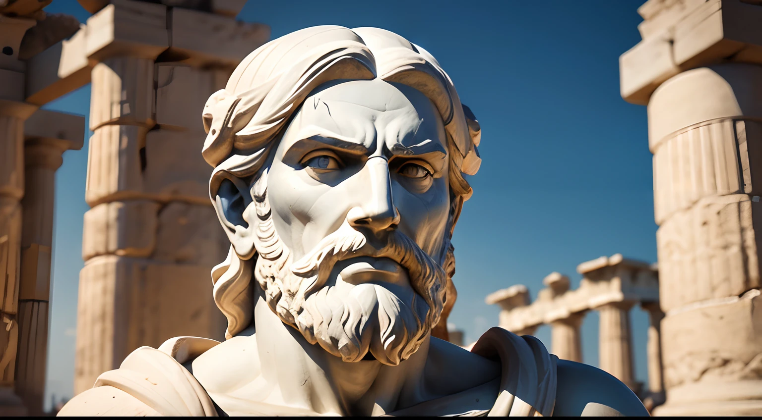 Ancient Greek statue with angry expression, tem barba, Filmado em Sony A7S III com Sony FE 35mm f/1.8, 12.1 MP, --AR 3:2 --estilo cru