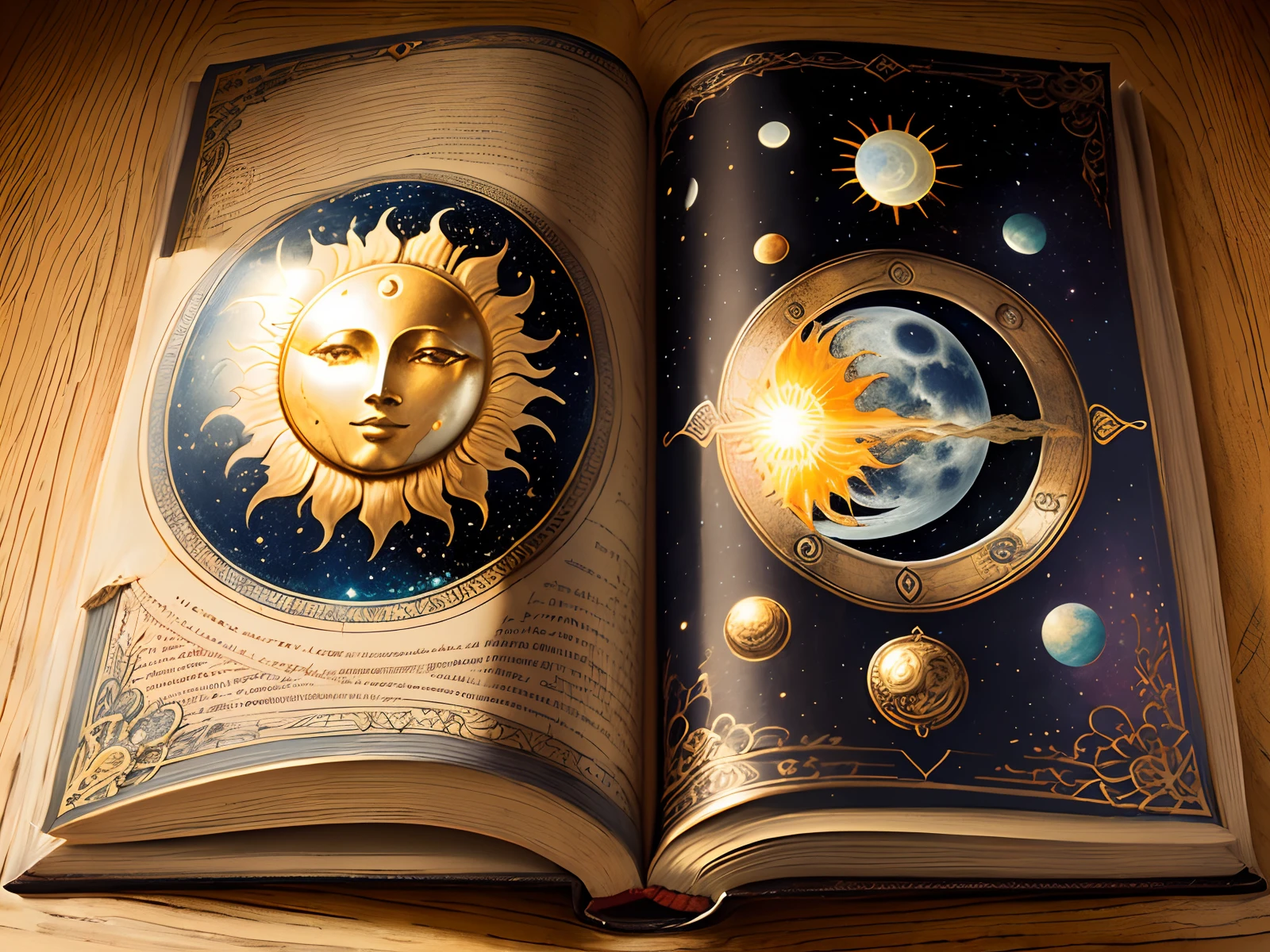 antique realistic book with sun and moon on the cover