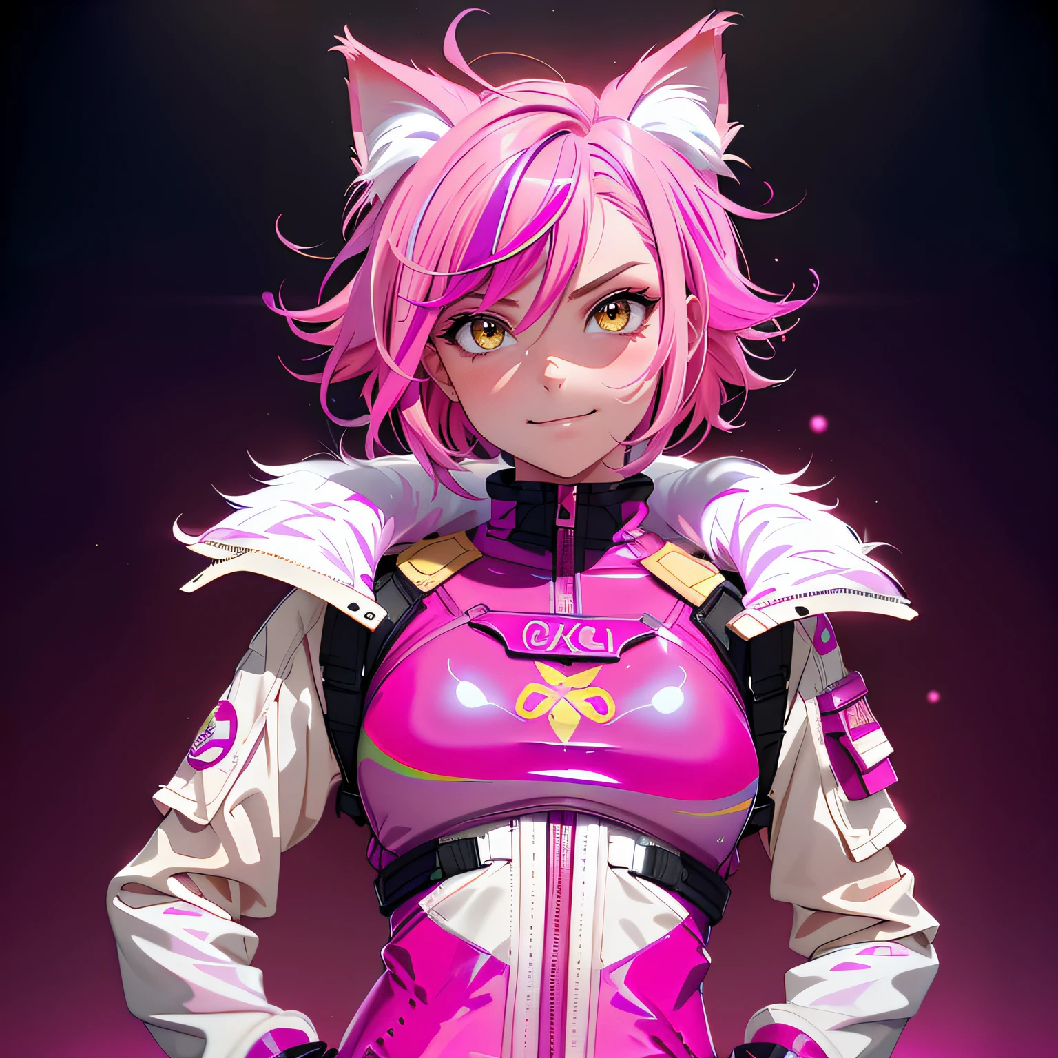 1girl, yellow eyes, (short hair), tomboy, two-toned hair, streaked hair, pink streaks, tanned, small breasts, ((pink ((hot pink hair)))), Masterpiece, Best Quality, High Definition, multicolored hair, spacesuit, bodysuit, ((portrait)), (pink fox ears), smirk, playful, dark space background