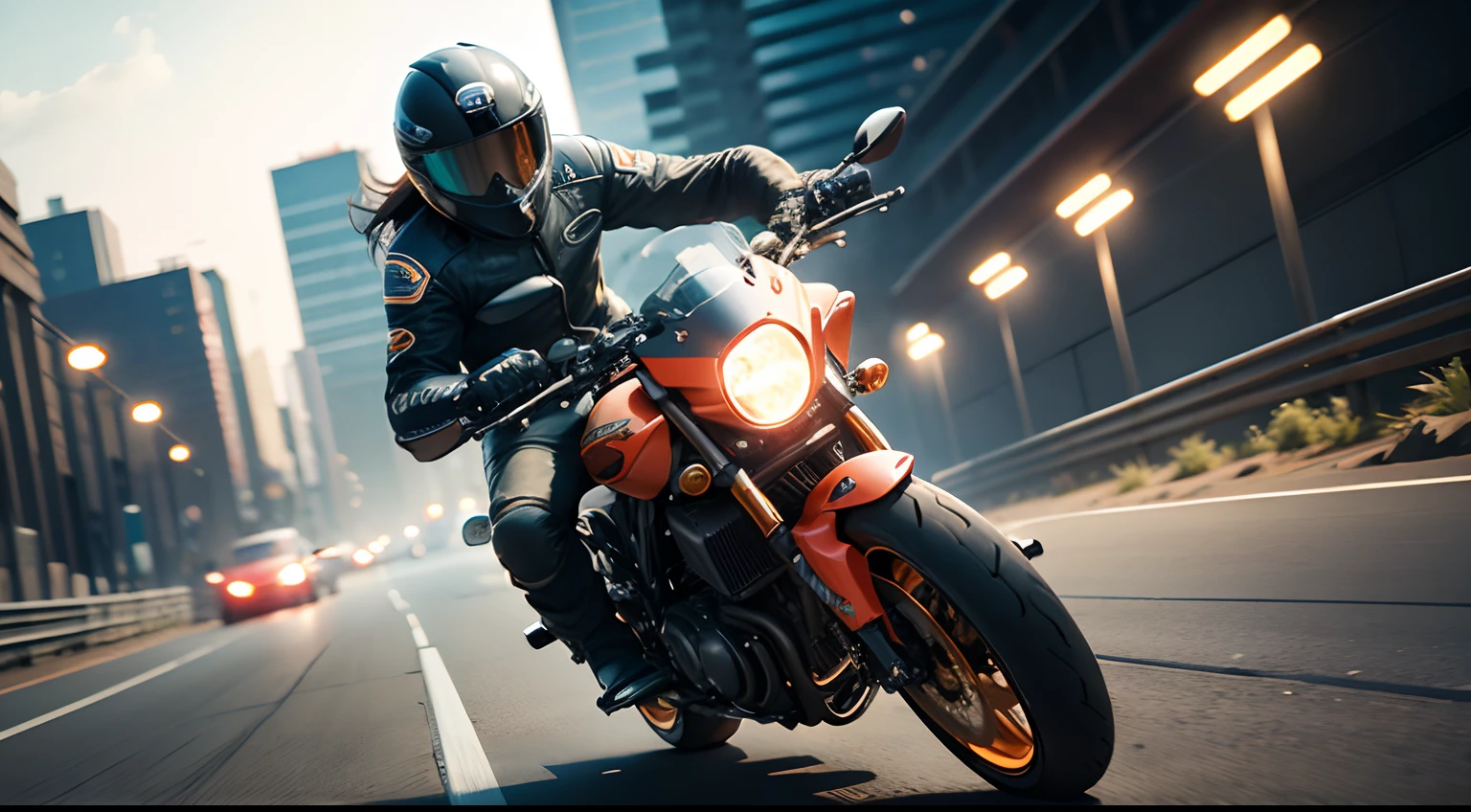 Motorcycle riding guy, fast speed, details character, character details, low angel photography, front view, view from front, bright colors masterpiece, sharp focus, Unreal Engine 5, Cinematic, Perfect color grading, Hyper-detailed, insanely details, Intricate details, editorial photography