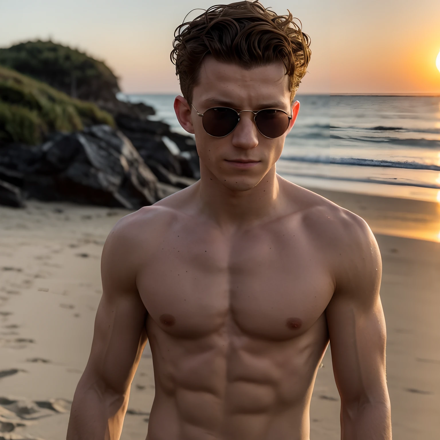 Tom Holland wearing sunglasses shirtless selfie, tom holland at the beach, tom holland shirtless, at the beach on a sunset, portrait of tom holland, in the sunset, on a sunny beach, he has short curly brown hair, on a sunny day