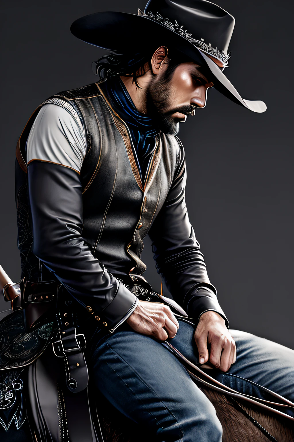 Cowboy Man, Brutal, On a black horse. ultradetail, hyper realisitc, exposed, Black hair, Ethno Boho Style