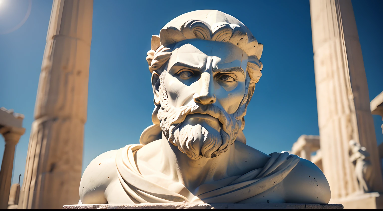 Ancient Greek statue with angry expression, tem barba, Filmado em Sony A7S III com Sony FE 35mm f/1.8, 12.1 MP, --AR 3:2 --estilo cru