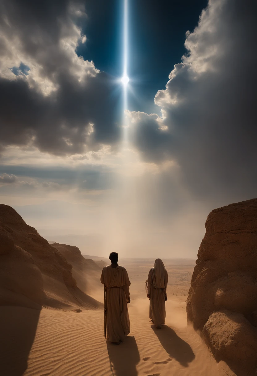 The image portrays a vast desert expanse with the Israelites in the foreground, journeying through the arid wilderness. The Israelites are depicted as a diverse group of individuals, their weary faces reflecting their long and arduous journey. Above them, a celestial presence emerges, symbolizing the angels who guide and protect them.
A radiant angelic figure hovers above the Israelites, their outstretched wings representing their role as celestial guardians. The angel’s countenance exudes warmth and compassion, watching over the Israelites with a nurturing gaze. Rays of divine light emanate from the angel, illuminating the path ahead, symbolizing their guidance in the midst of darkness.
In the distance, the image may depict clouds that formation reminiscent of the biblical pillar of cloud and fire, representing the presence of God leading the Israelites. Within this cloud, smaller angelic figures can be seen, further symbolizing the angels’ role as divine guides. These smaller angels could be portrayed in various forms, such as figures of light or ethereal beings, signifying their celestial nature