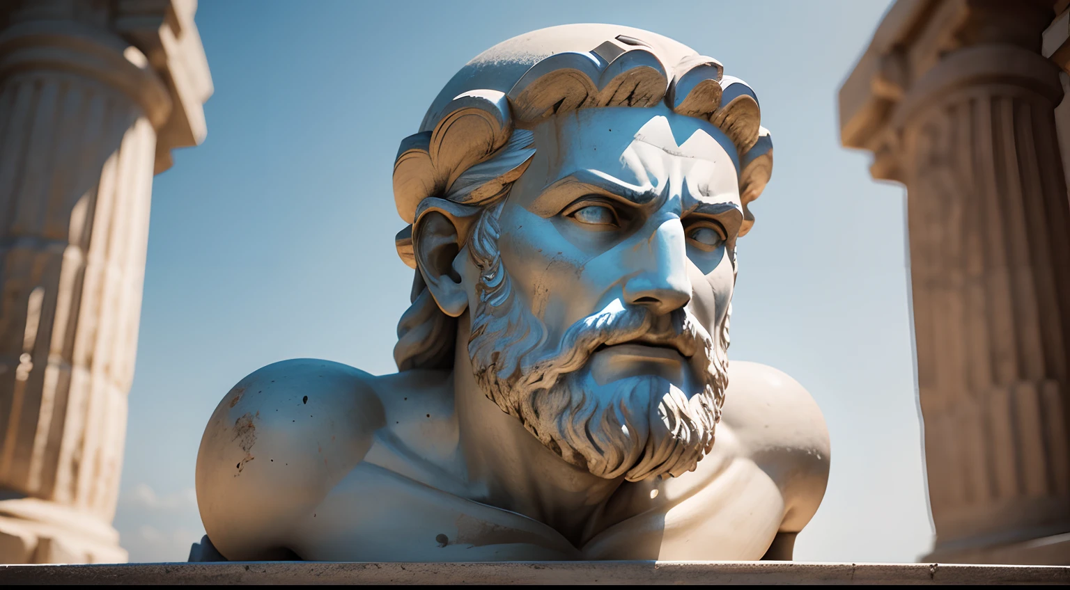 Ancient Greek statue with angry expression, tem barba, Filmado em Sony A7S III com Sony FE 35mm f/1.8, 12.1 MP, --AR 3:2 --estilo cru