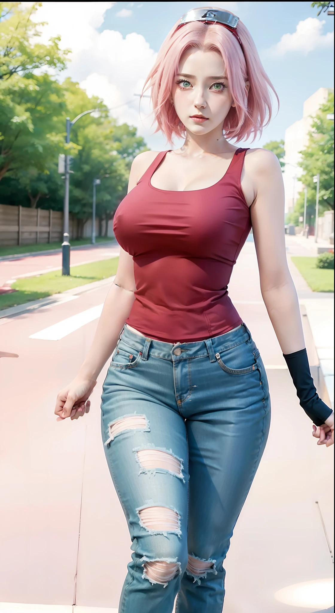 1girl, haruno sakura in anime naruto, short hair, pink hair, green eyes, beautiful, red clothes, very big breast, realistic clothes, detail clothes, outdoor background, ultra detail, realistic