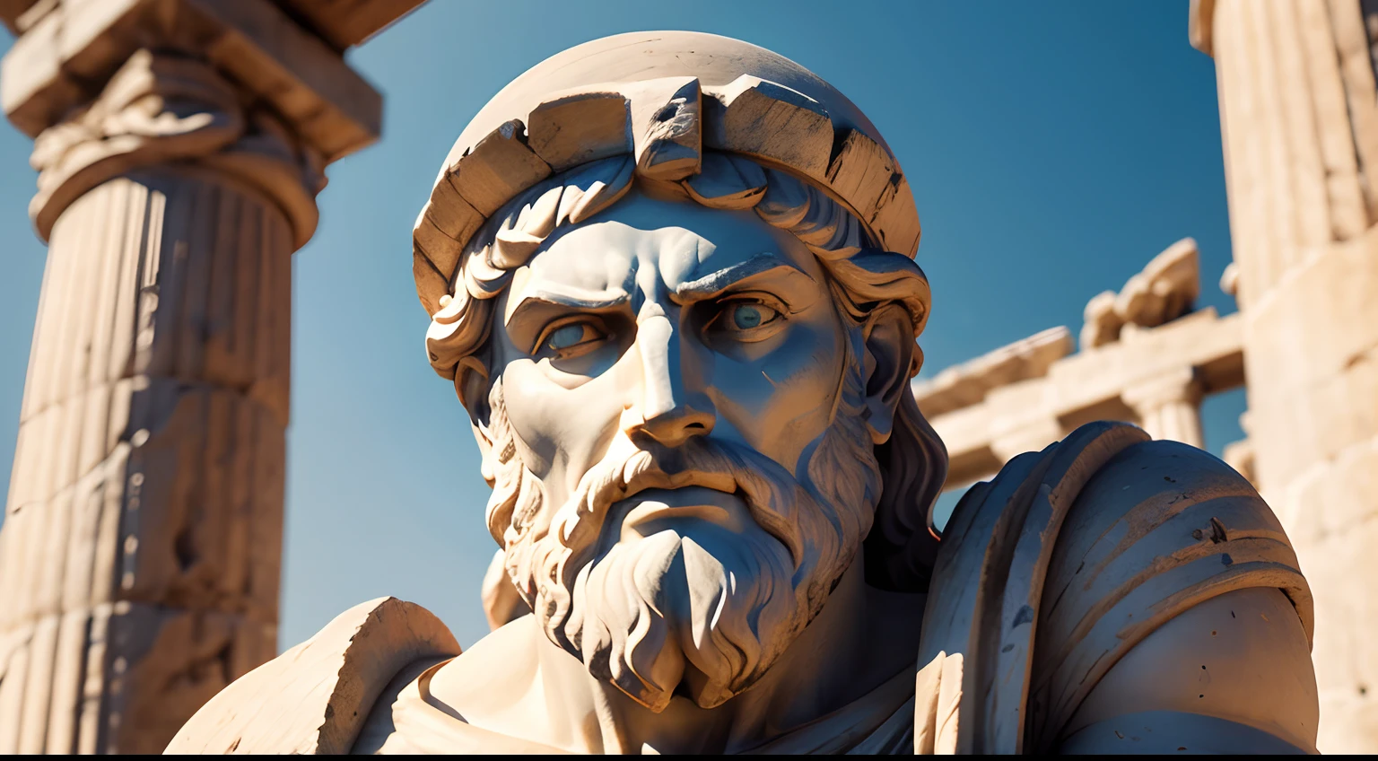 Ancient Greek statue with angry expression, tem barba, Filmado em Sony A7S III com Sony FE 35mm f/1.8, 12.1 MP, --AR 3:2 --estilo cru