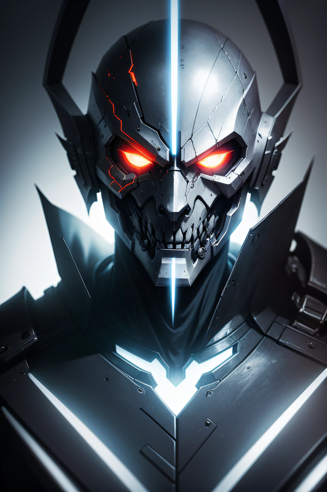 A portrait of a demon cyborg ghost, a mask, cinematic, melancholy, dynamic lighting, dark background,