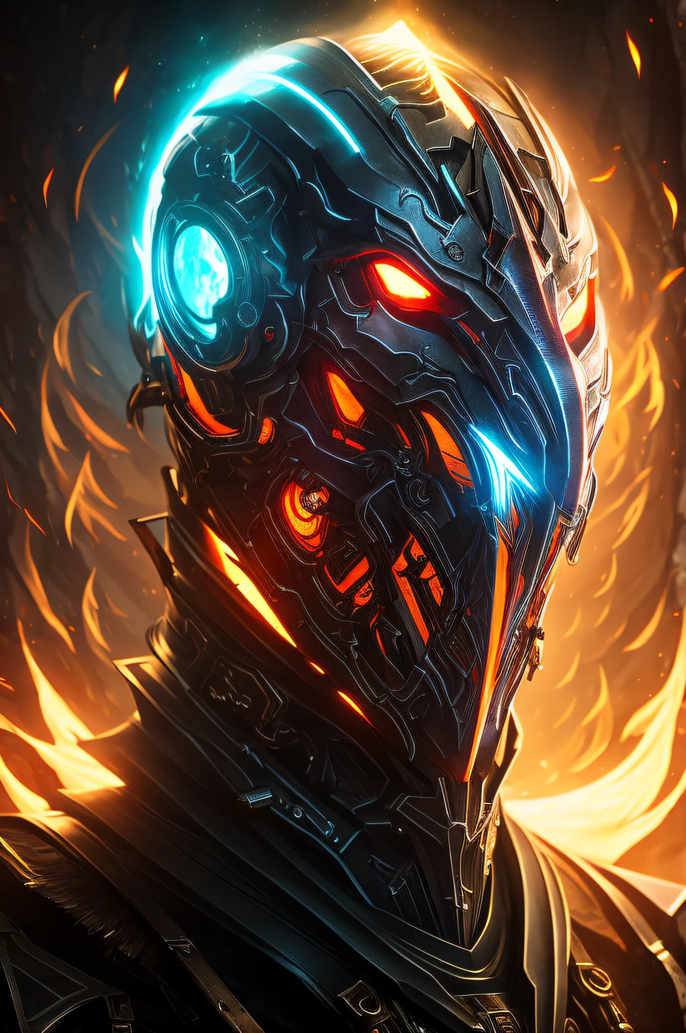 A portrait of a demon cyborg ghost, a mask, cinemactic, melancolia, dynamic lighting, fundo escuro,