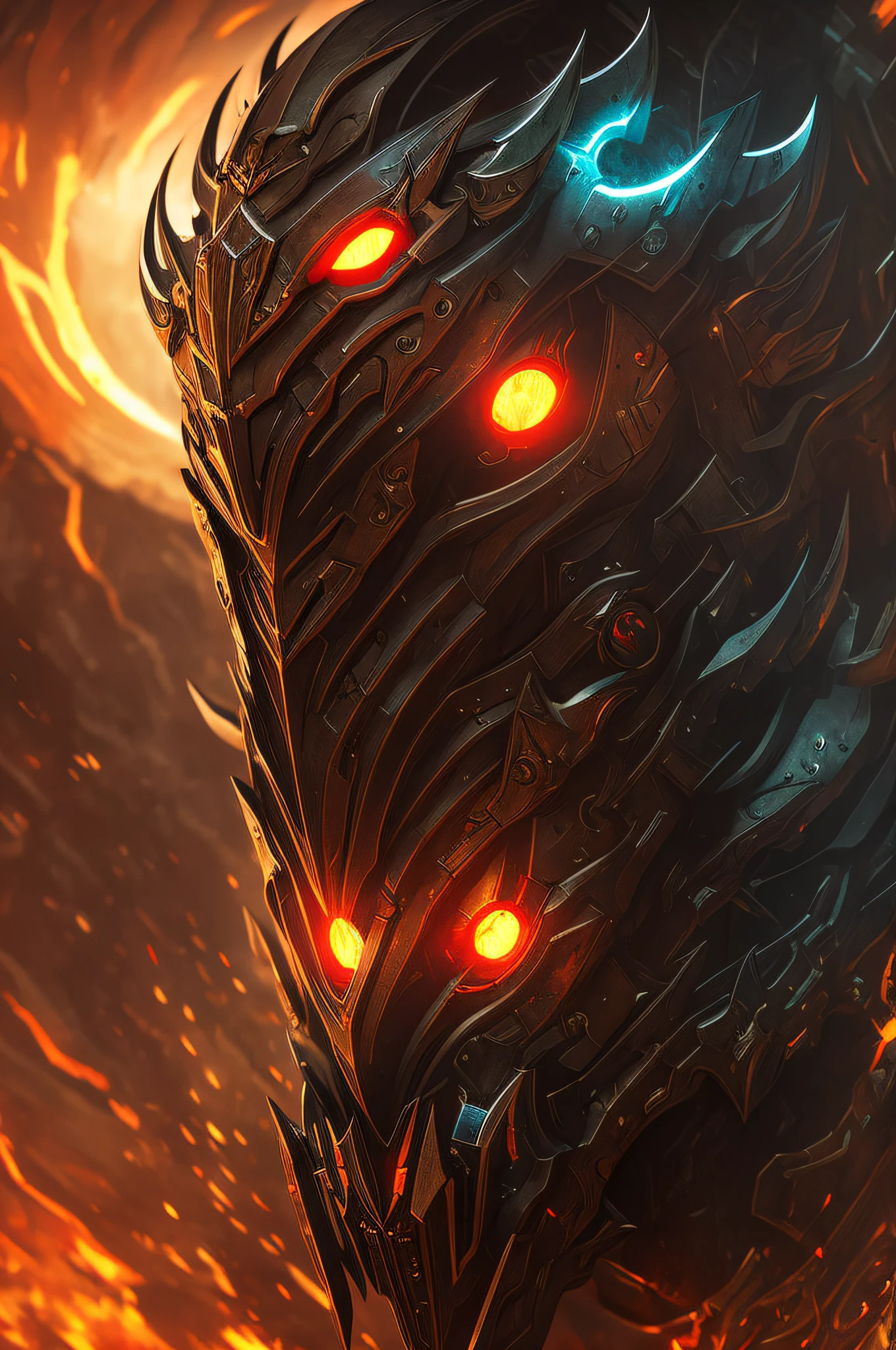 A portrait of a demon cyborg ghost, a mask, cinemactic, melancolia, dynamic lighting, fundo escuro,