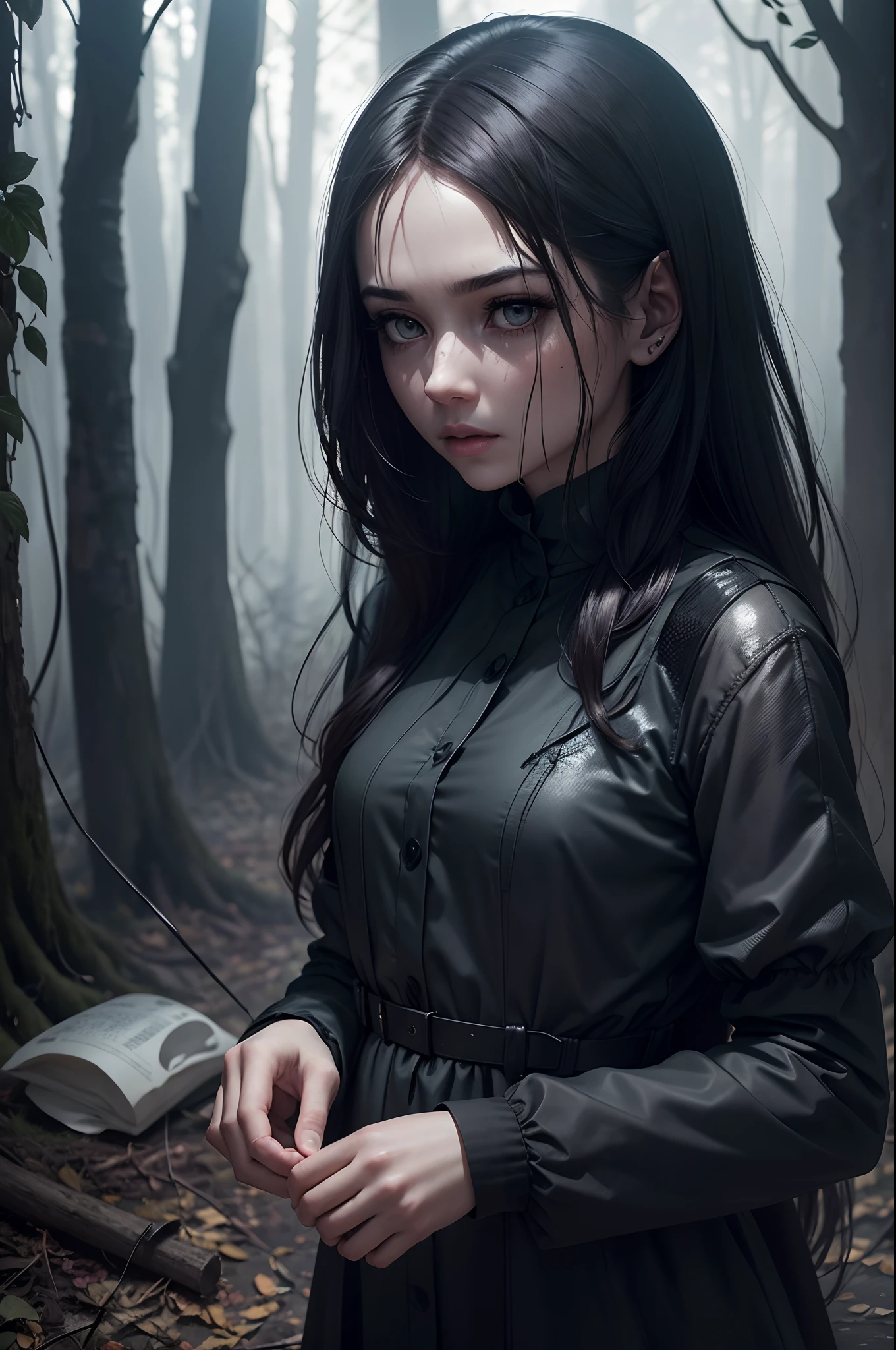 best quality,4k,8k,highres,masterpiece:1.2,ultra-detailed,realistic:1.37,a woman's body was found in the bushes,beautiful detailed eyes,beautiful detailed lips,extremely detailed eyes and face,longeyelashes,dark and mysterious atmosphere,dramatic lighting,eerie shadows,foggy atmosphere,forensic investigation,crime scene investigation,dense vegetation,overgrown foliage,sparse sunlight filtering through the trees,disturbed leaves on the ground,dewdrops on the leaves,subtle hints of blood,lifeless body,expressionless face,limbs twisted at unnatural angles,pale skin,crumpled clothing,forensic markers and evidence bags,investigators in protective suits,meticulous documentation of the crime scene,silent whispers and hushed conversations,time frozen in suspense,unanswered questions,unsettling silence,police tape blocking off the area,faint sounds of nature in the distance,intriguing mystery unfolding,portraits,horror,photography,desaturated colors,dark and somber color palette.