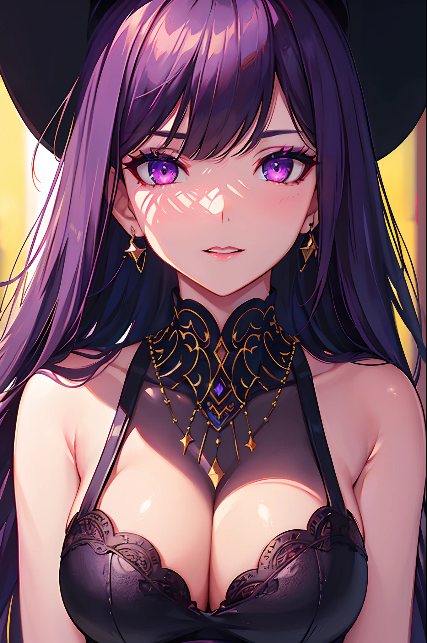Photograph, Professional full-body, (detailed face and eye:1.4), purple eyes,deep cleavages, colorful, color photography of woman, (dark makeup), necklace, earrings, (dark lipstick), partered lips, sharp focus, focus on face, insanely sharp details, extremely detailed, gigantic breasts in frame, 4K HQ, 8K, depth of field, f/1.2, leica, 8K HDR, High contrast, highly retouch, shadows, bokeh, award winning photography, best photographers.