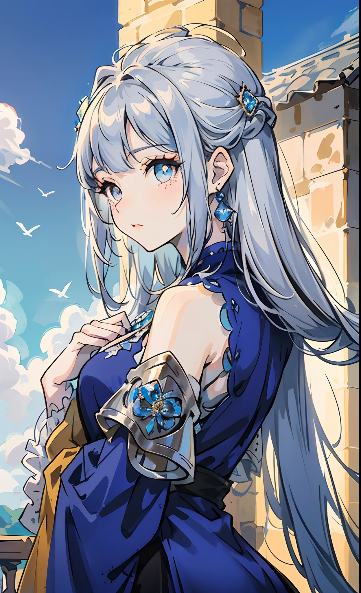  madura, cabelos brancos ao vento, amber colored eyes, anime girl, trages azul medieval, silver accessories, brinco de diamante azul, rosto delicado, vestido azul medieval, blue skies, rosas brancas.
