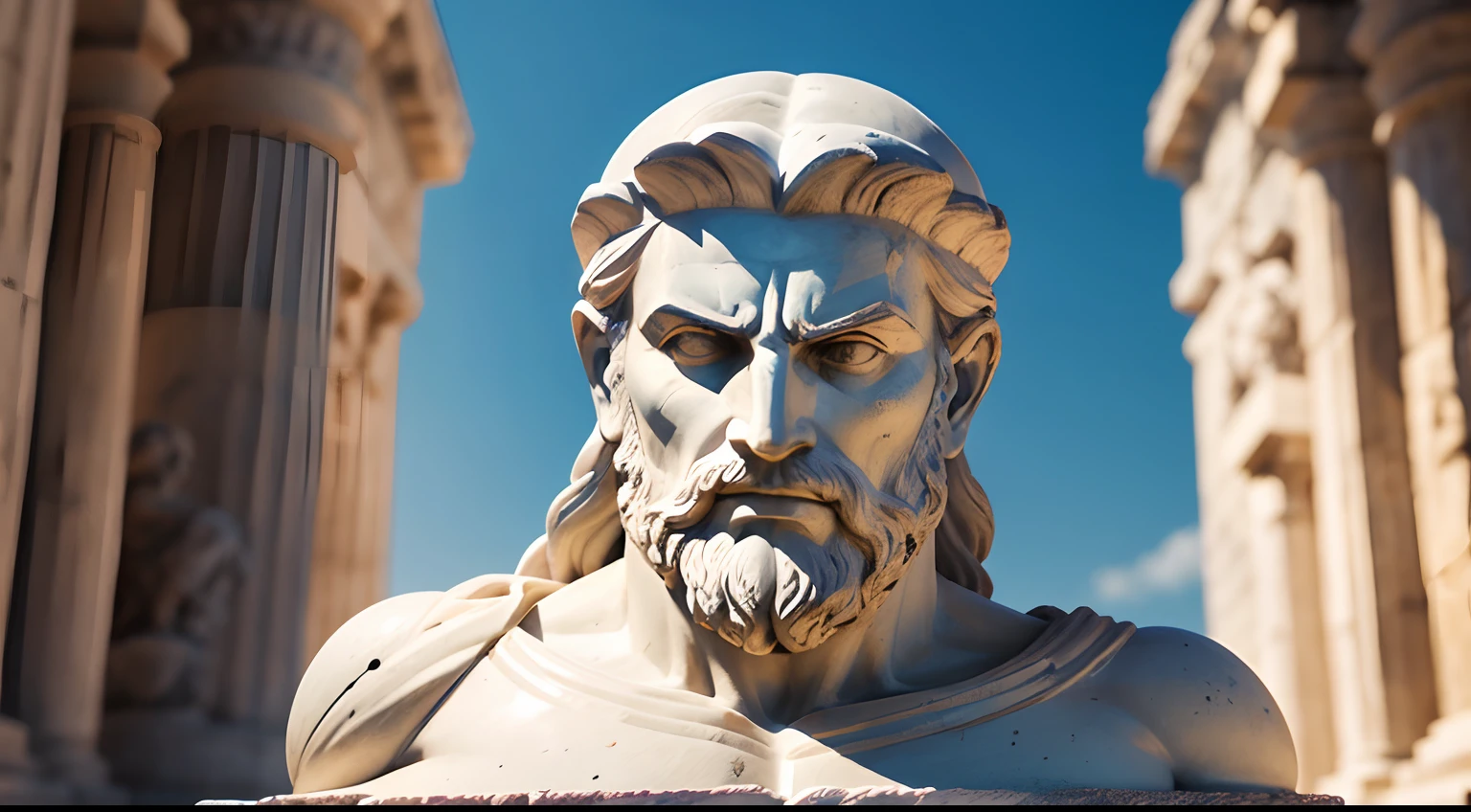 Ancient Greek statue with angry expression, tem barba, Filmado em Sony A7S III com Sony FE 35mm f/1.8, 12.1 MP, --AR 3:2 --estilo cru