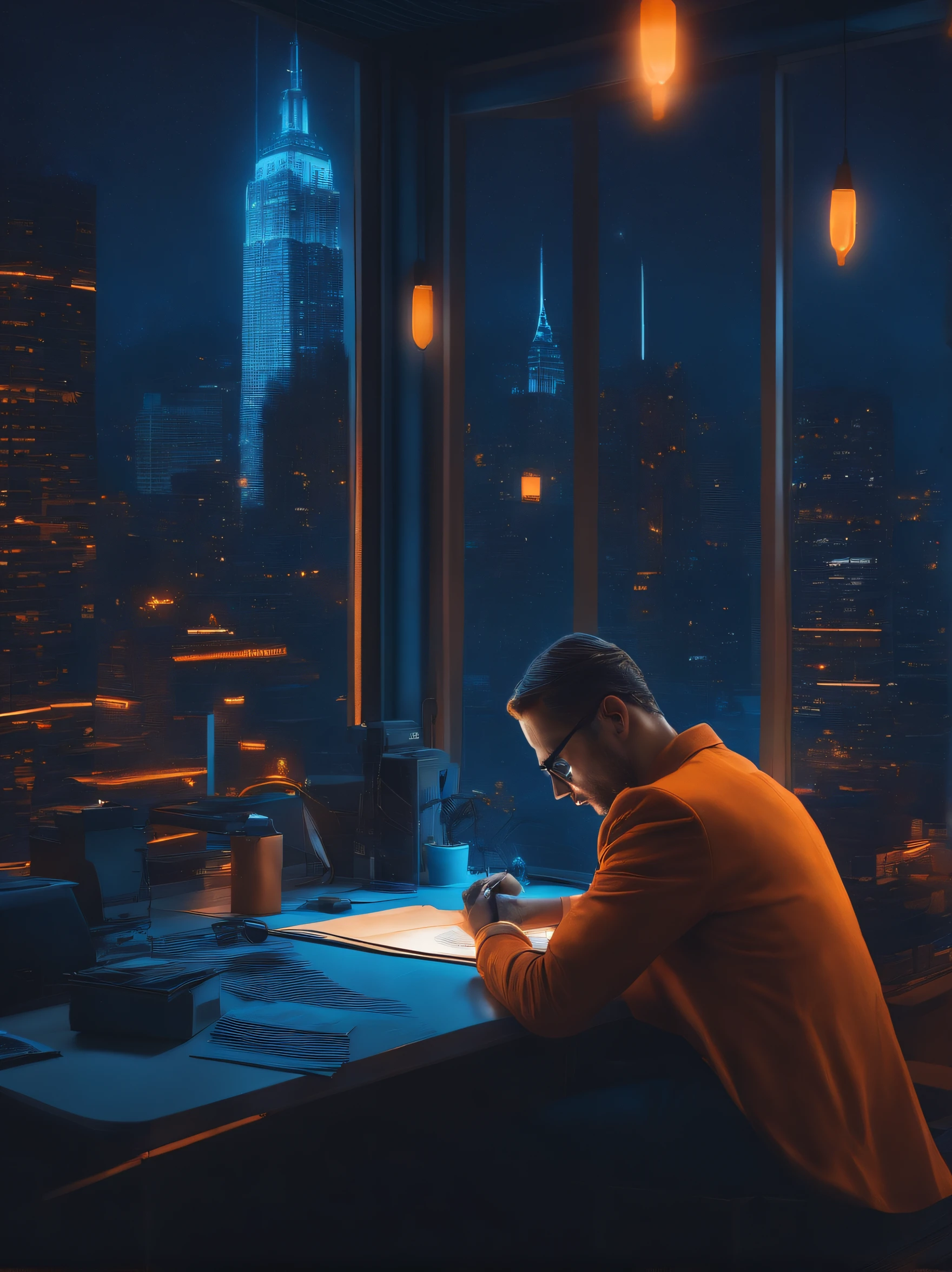 Pessoa criando um planejamento em folhas de papel, ambiente escuro, com tom predominante azul escuro e luzes de led laranja, Arte do papel de parede, Papel de parede UHD, estilo cyberpunk