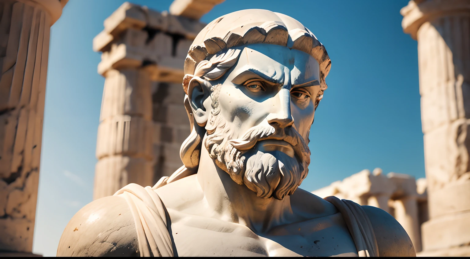 Ancient Greek statue with angry expression, tem barba, Filmado em Sony A7S III com Sony FE 35mm f/1.8, 12.1 MP, --AR 3:2 --estilo cru