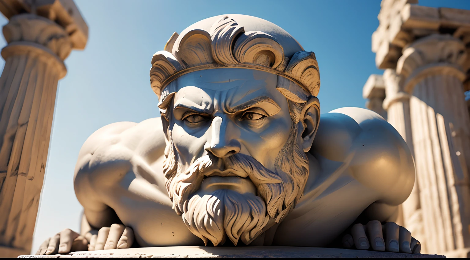 Ancient Greek statue with angry expression, tem barba, Filmado em Sony A7S III com Sony FE 35mm f/1.8, 12.1 MP, --AR 3:2 --estilo cru