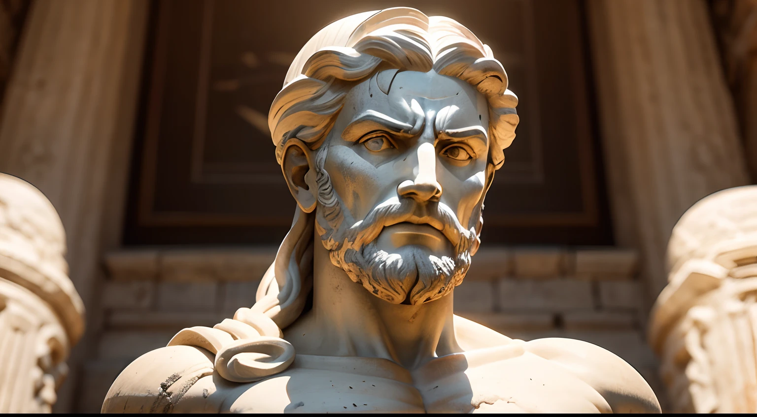 Ancient Greek statue with angry expression, tem barba, Filmado em Sony A7S III com Sony FE 35mm f/1.8, 12.1 MP, --AR 3:2 --estilo cru