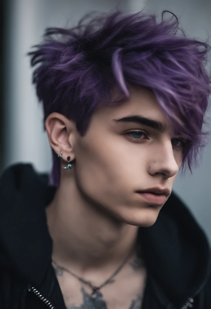 teenager, around 16-17, male, purple hair with slightly blue roots, shaped into a messy mullet. sharp jawline, perfect teeth, brown eyes, eyebrow piercing, lip piercing, nose stud, emo/alt/grunge clothes