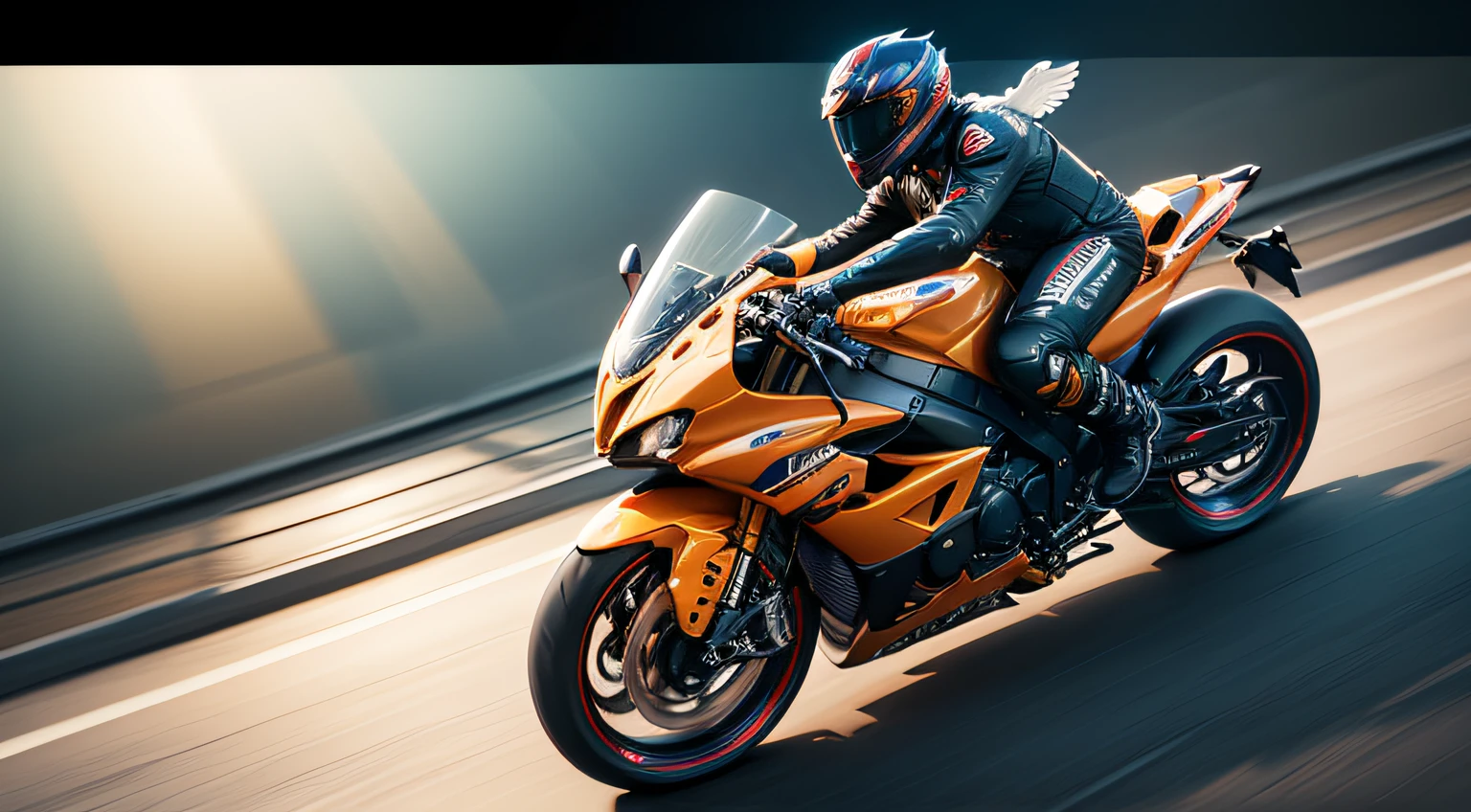 Motorcycle riding guy, fast speed, details character, character details, low angel photography, front view, view from front, bright colors masterpiece, sharp focus, Unreal Engine 5, Cinematic, Perfect color grading, Hyper-detailed, insanely details, Intricate details, editorial photography
