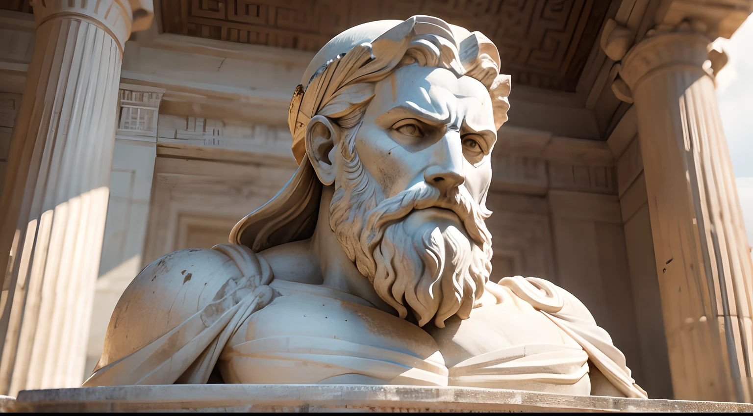 Ancient Greek statue with angry expression, tem barba, Filmado em Sony A7S III com Sony FE 35mm f/1.8, 12.1 MP, --AR 3:2 --estilo cru